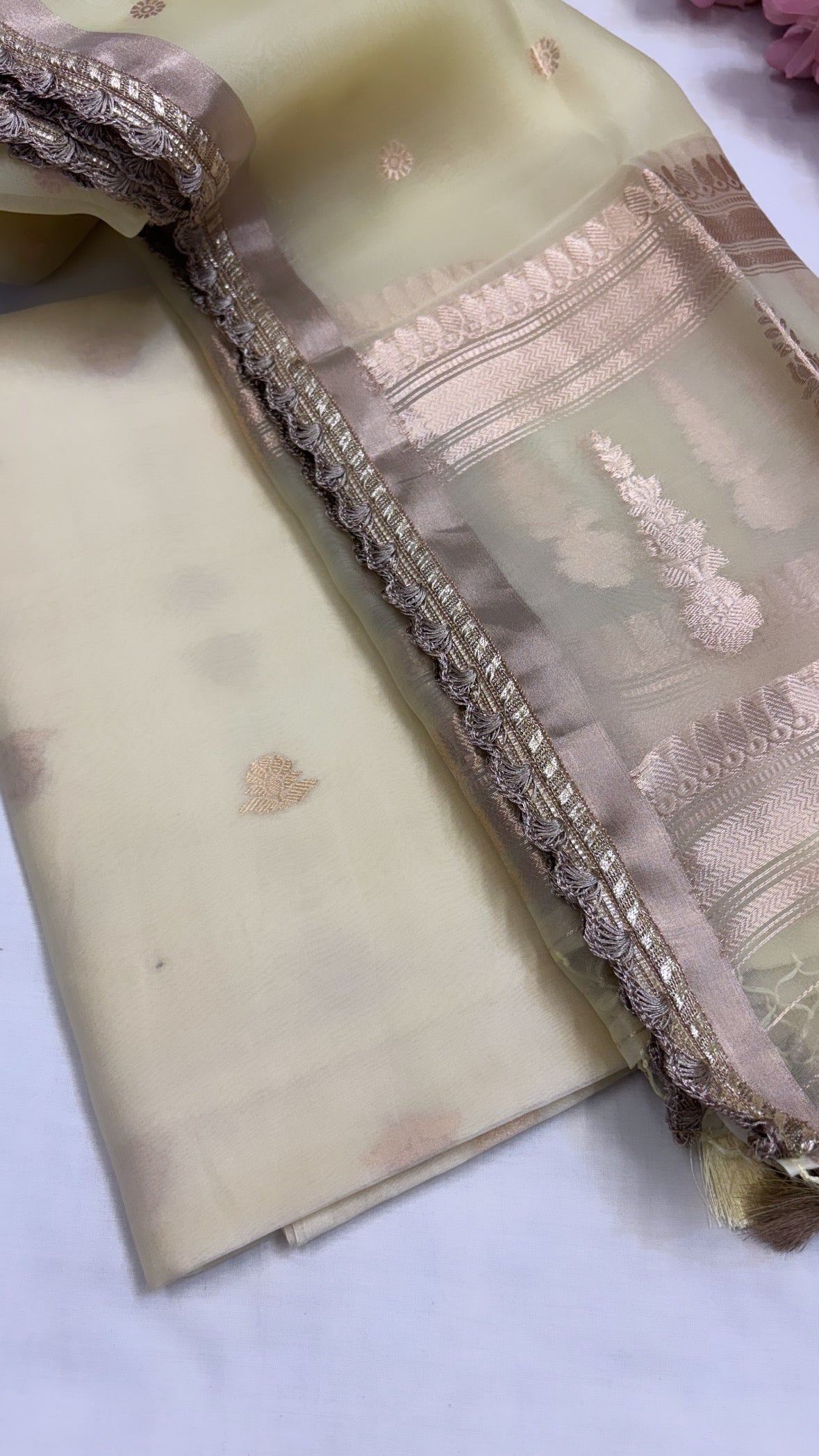 Pure banarasi lime yellow kora silk kadhwa buti stunning suit set with gotapatti work on duppata