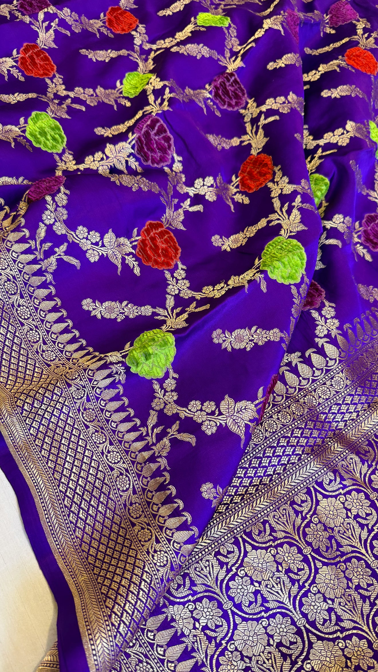 Deep purple banarasi mashru silk velvet buti kadhwa weaving saree