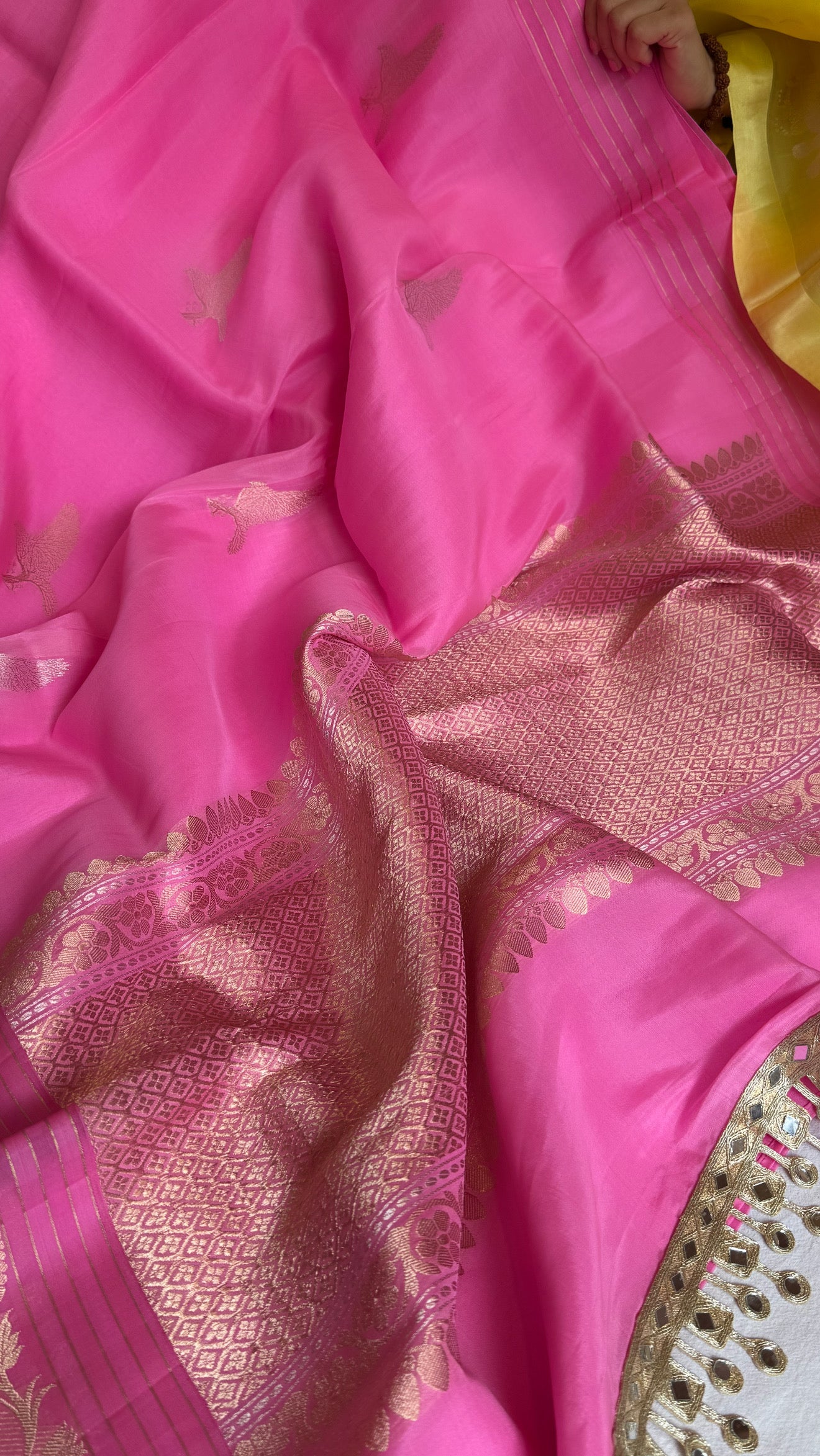 Strawberry pink banarasi kora silk hand embroidered saree