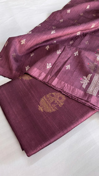 Dark plum raw silk banarasi suit set