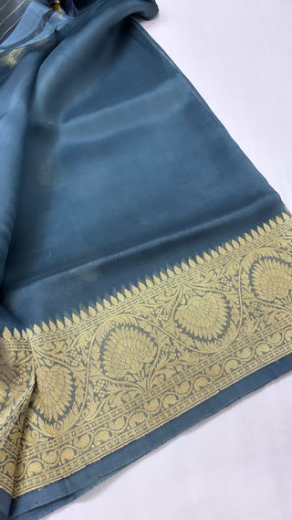 Pure banarasi english blue kora silk kadhwa saree with handwoven kadhwa buti