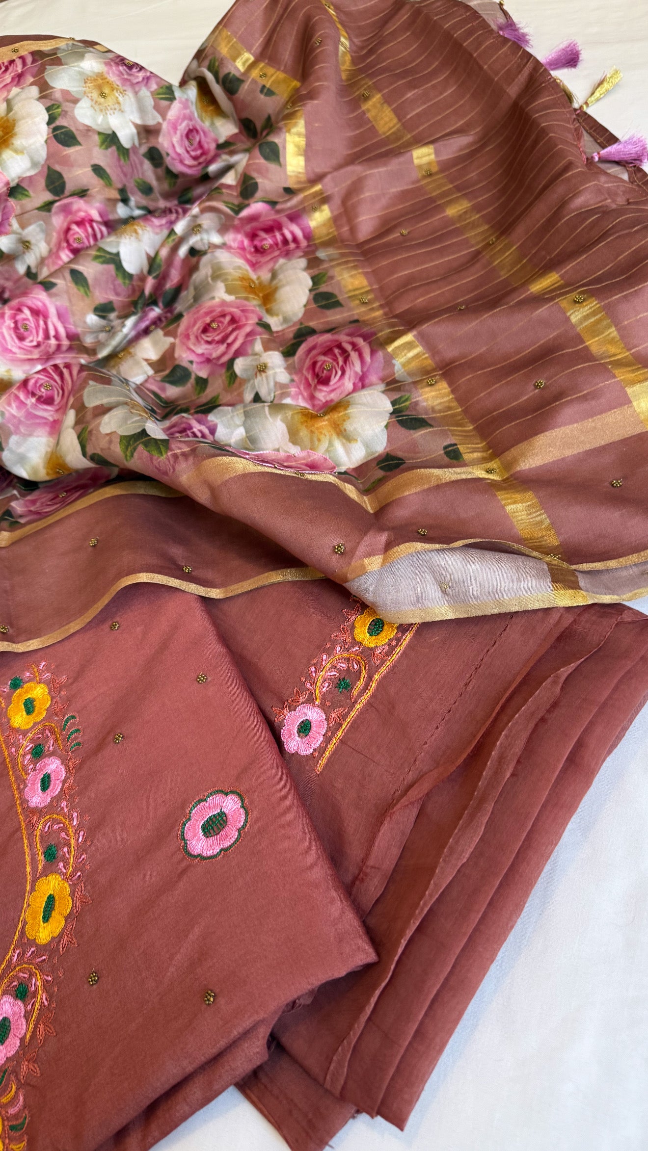 Brick peach resham hand embroidered mul cotton suit set