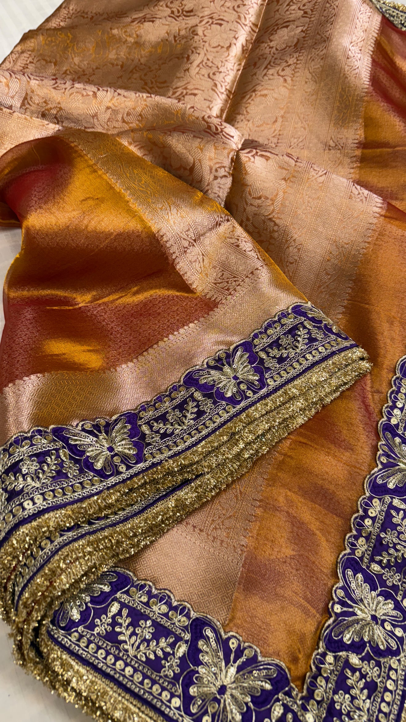 Kanjivaram orange maharani tissue silk meenakari border saree