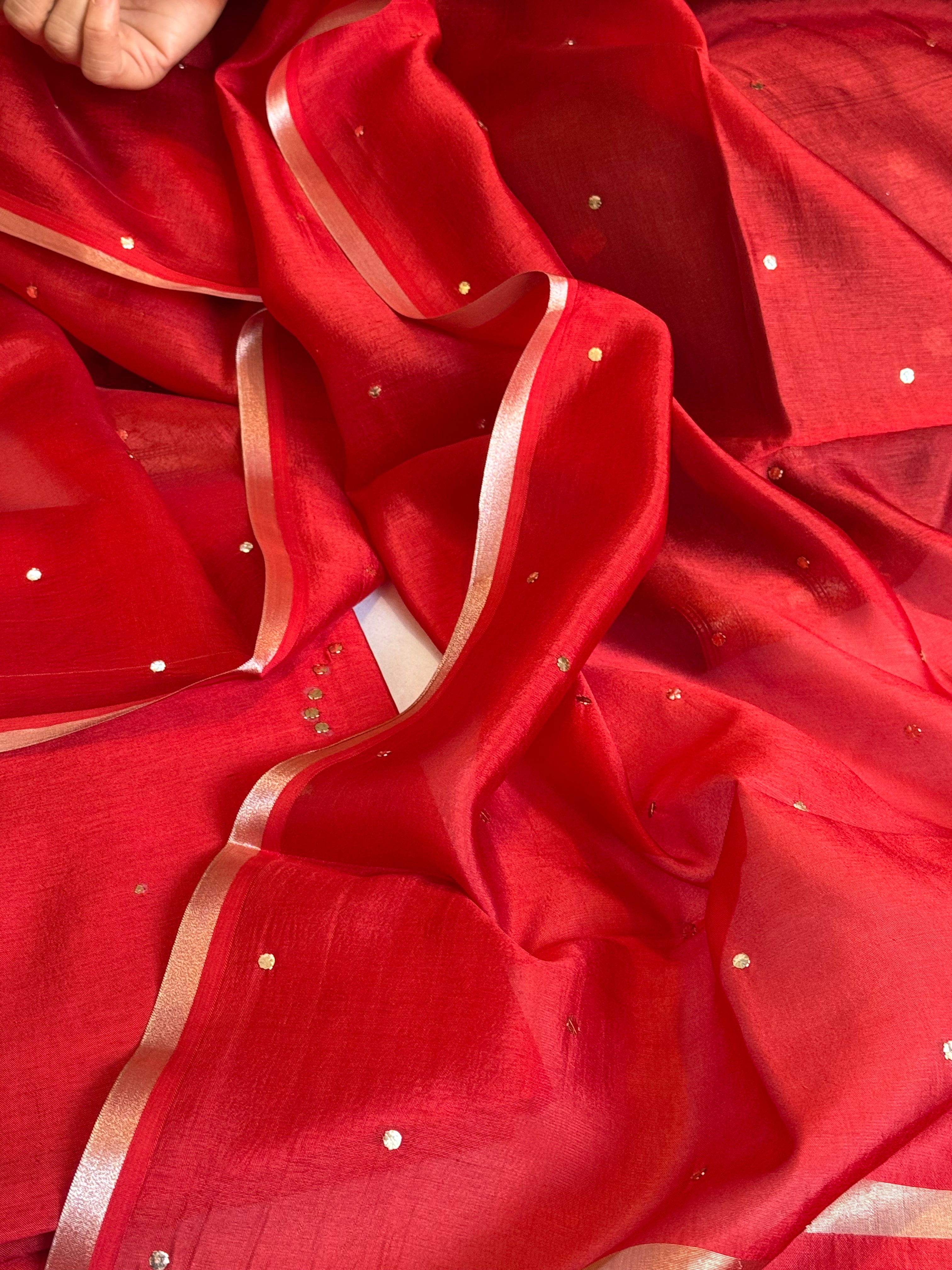 Hot red raw mango silk mukaish work hand embroidered kadhwa suit sets