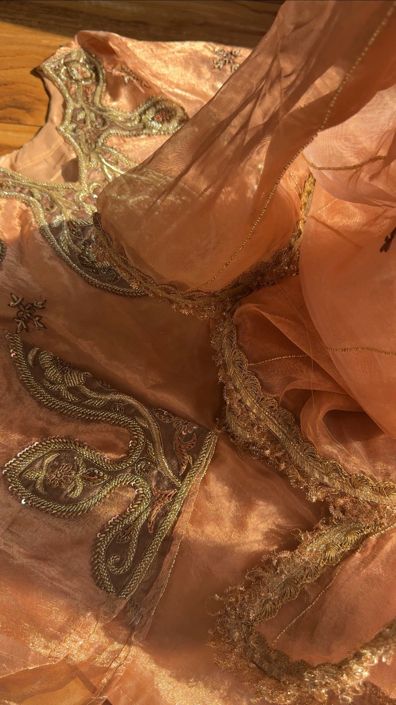 Pakeeza inspired copper tissue silk heavy zardozi work suit set