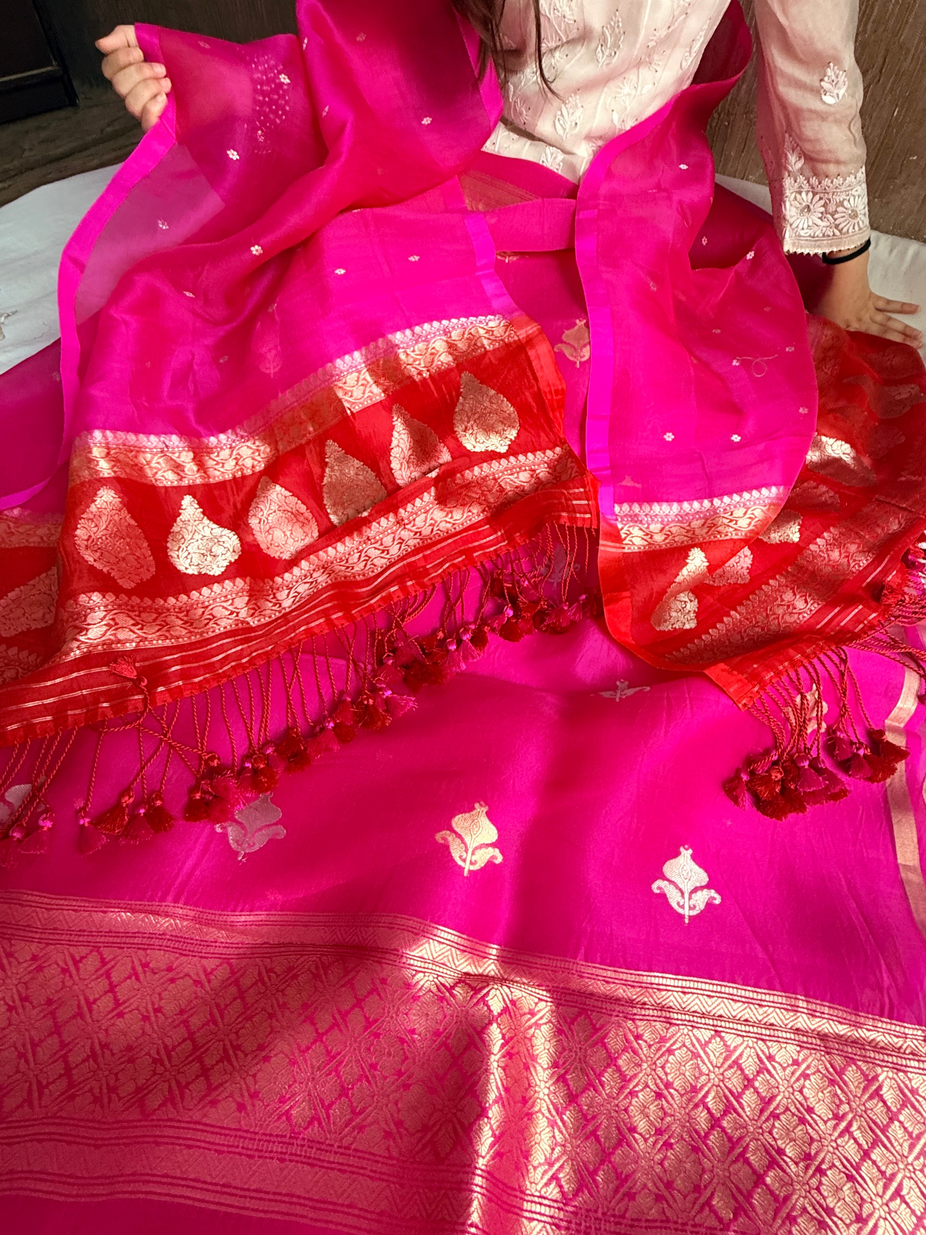 Red rani & orange shaded kora silk chal dye kadhwa banarasi suit set