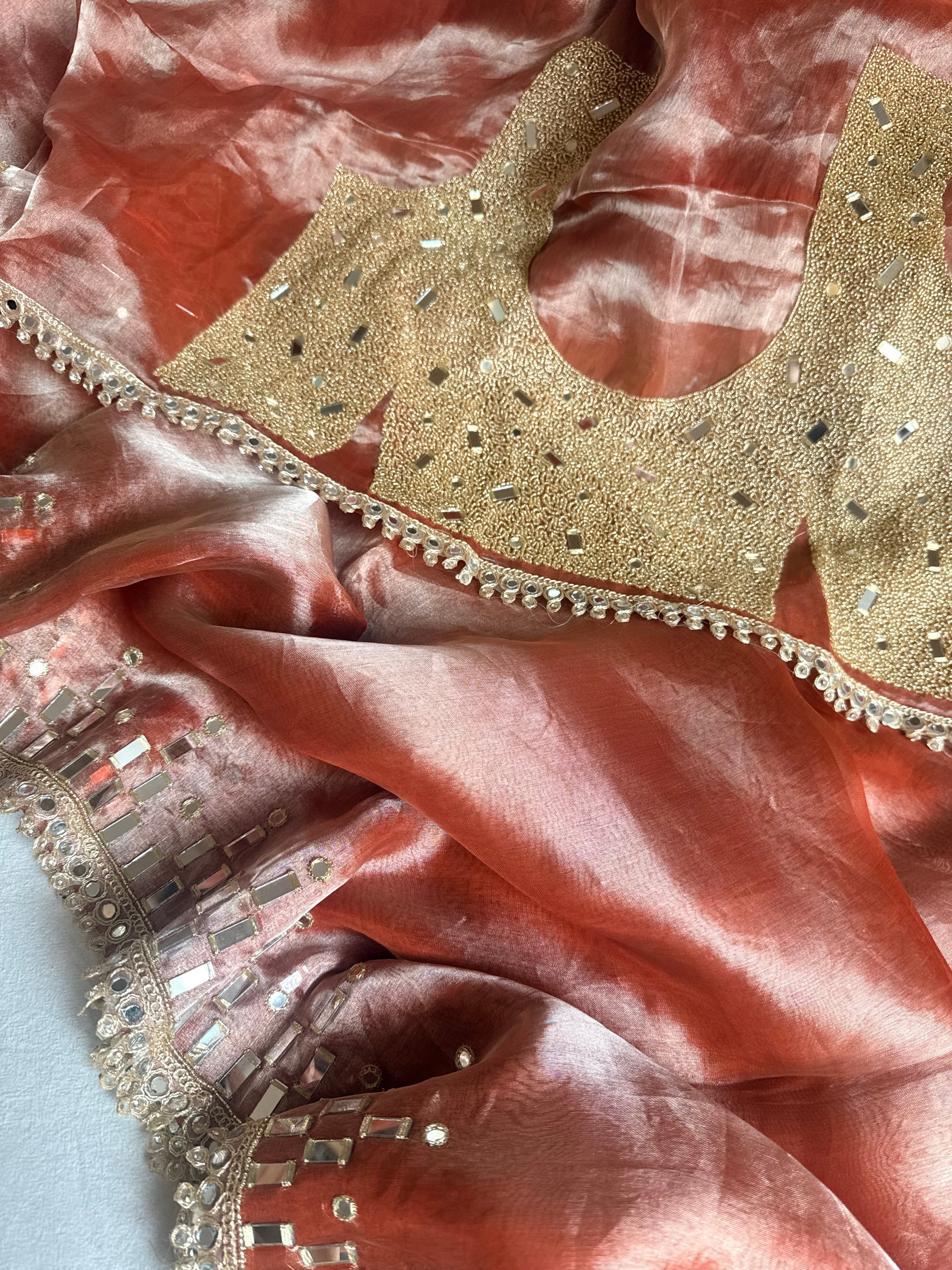 Gajri peach tissue silk mirrorwork hand embroidered kadhwa saree