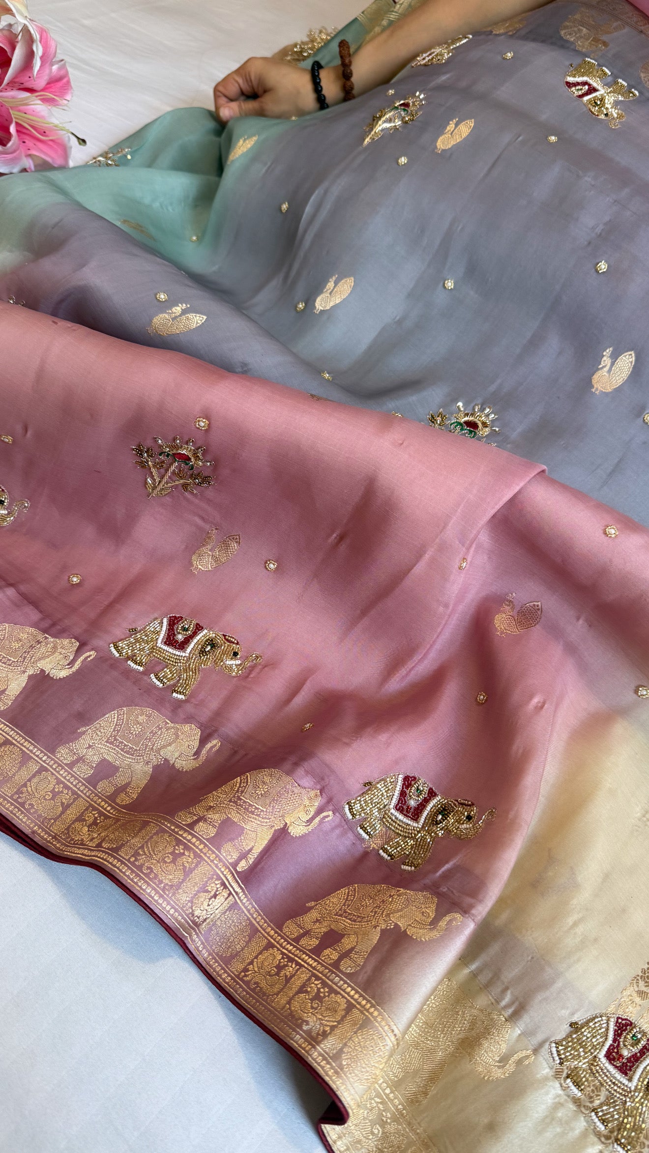 Sufi night edit - Banarasi kora silk elephant motif hand embroidered kadhwa shaded saree