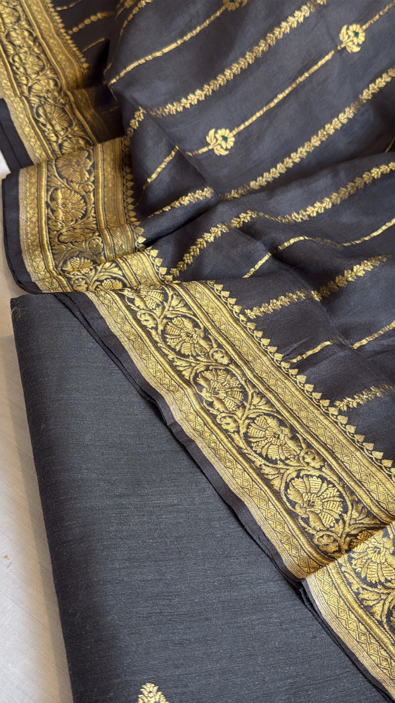 Metallic grey moonga silk kadhwa jaal suit set