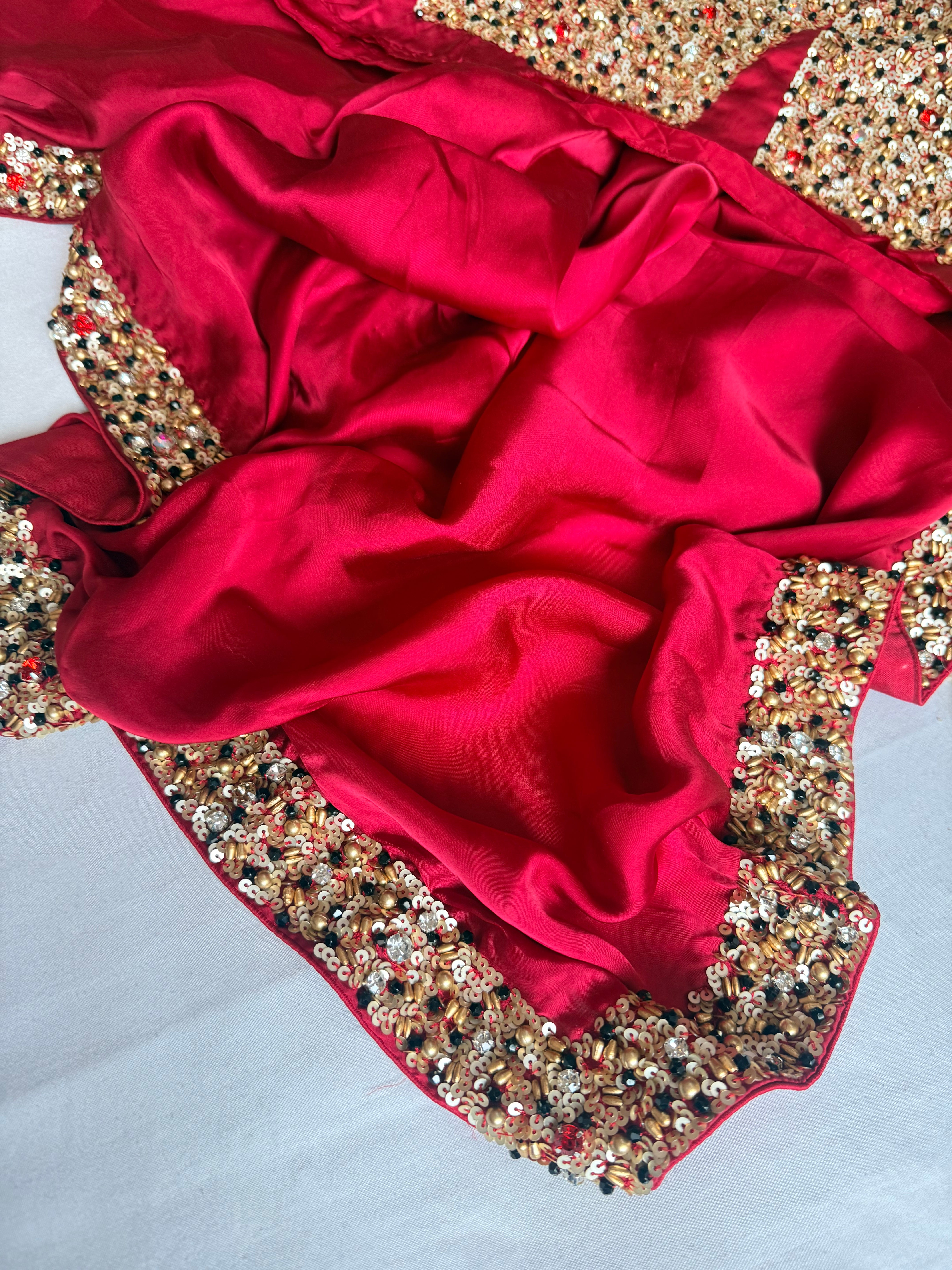 Mashru banarasi satin-sequin work hand embroidered cocktail edit saree