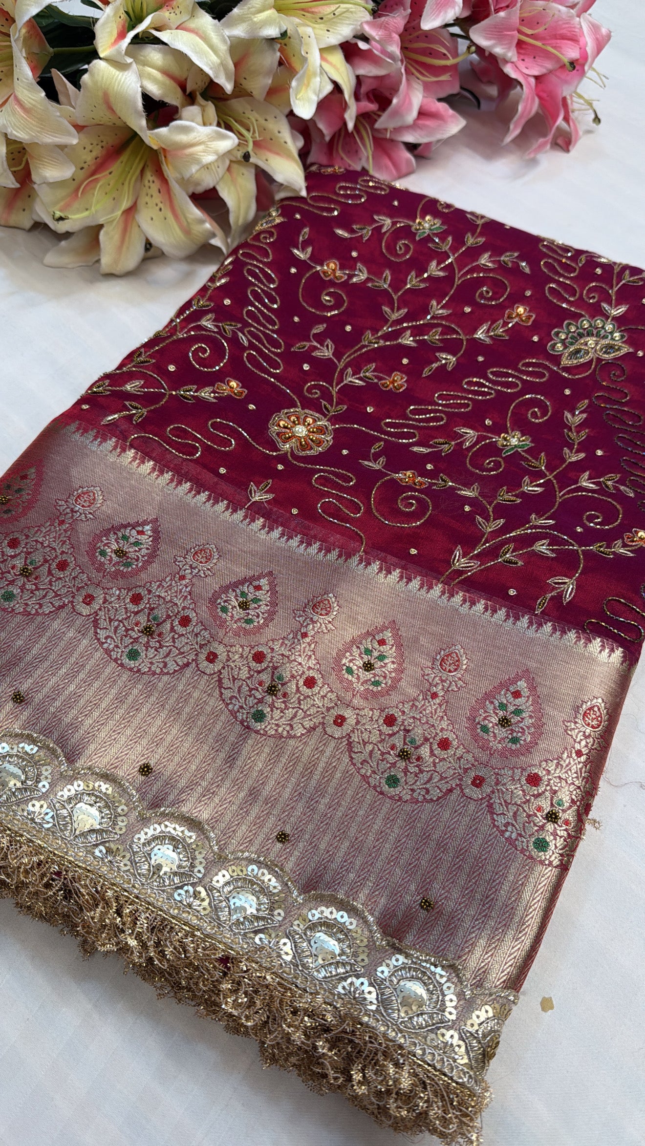 Metallic blood red tissue silk hand embroidered kadhwa weaving saree