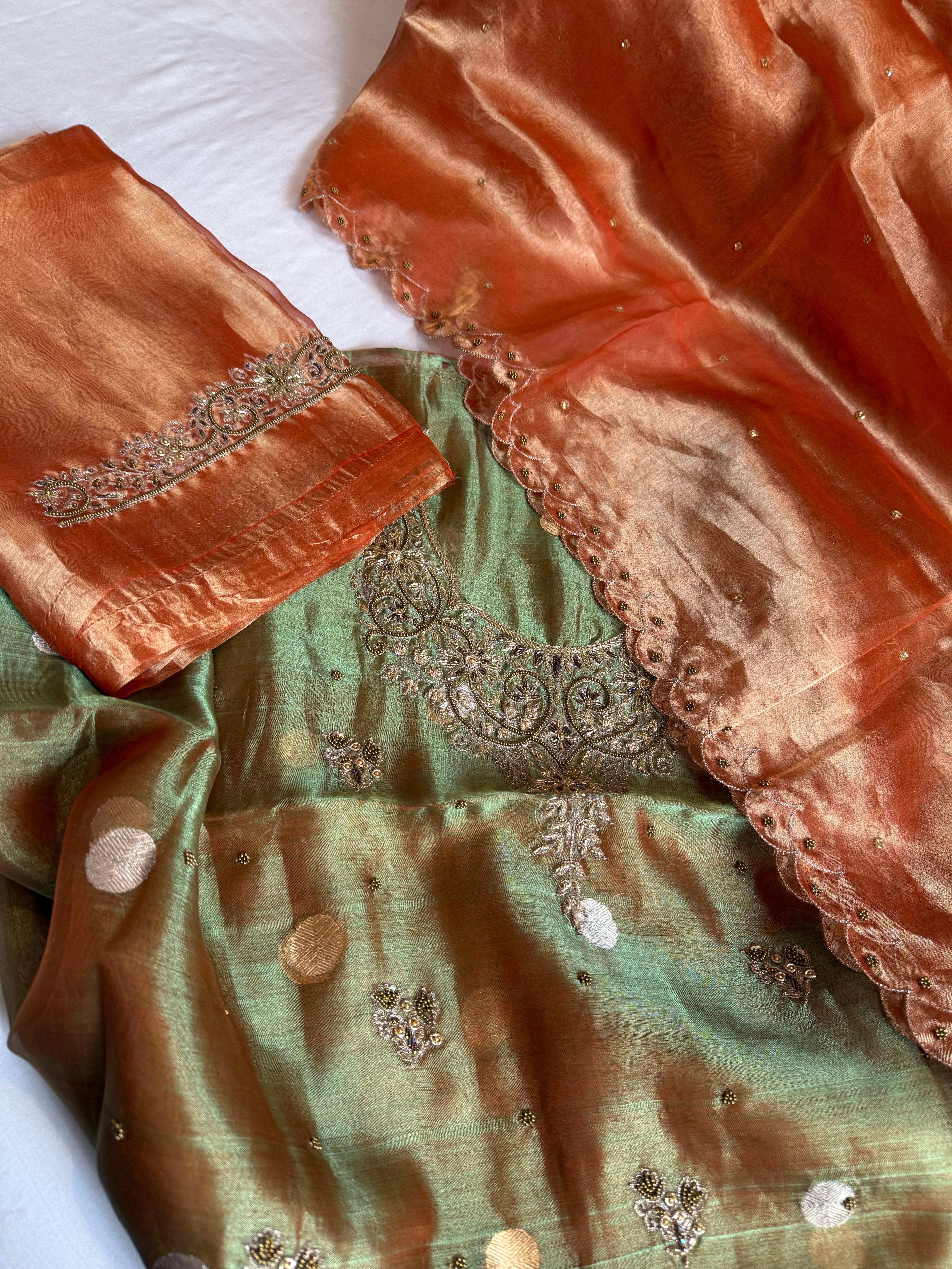 Maharani tissue silk hand embroidered suit set