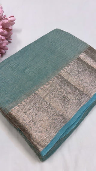 Pure banarasi sea green crushed tissue silk handwoven kadhwa saree with intricate border and kadhwa blouse