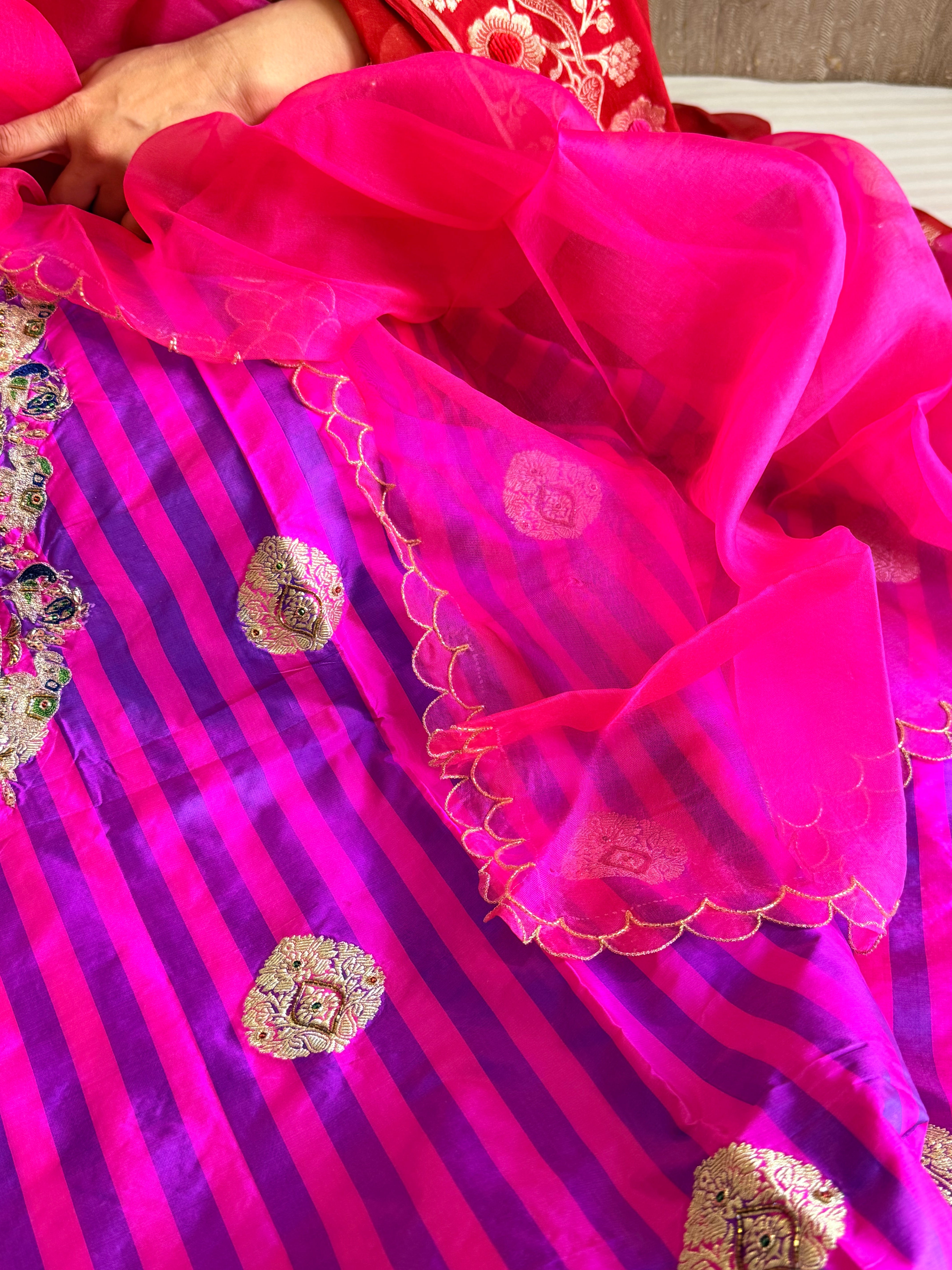 Katan silk hand embroidered dhup chao effect kadhwa suit set