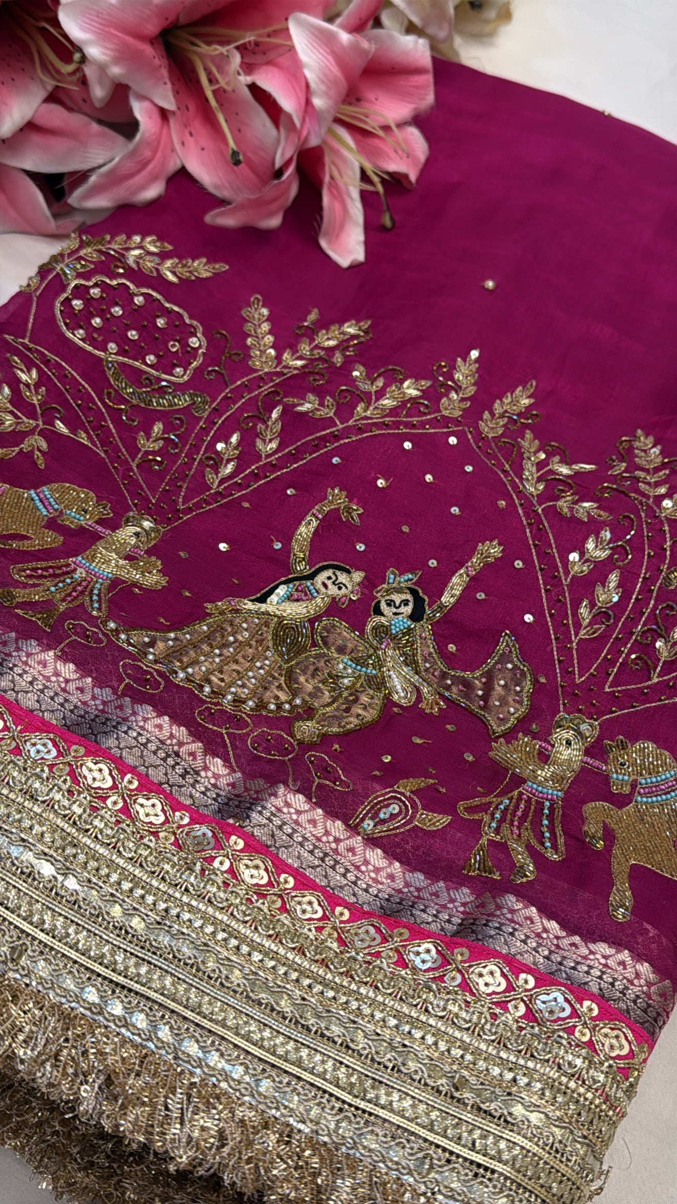 Rani pink rasleela husn hand embroidered kadhwa tissue silk saree