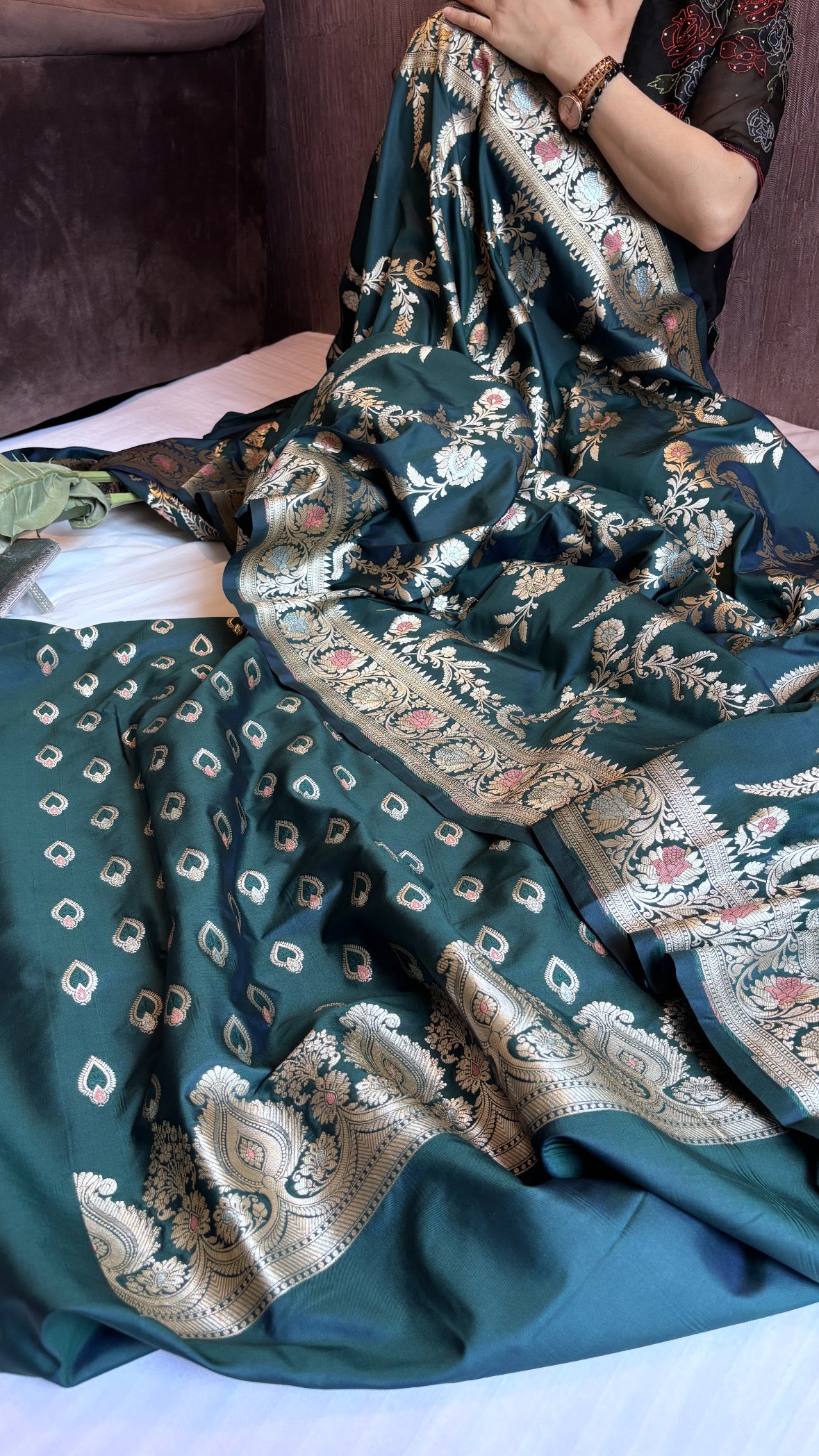 Bottle green banarasi mashru silk suit set