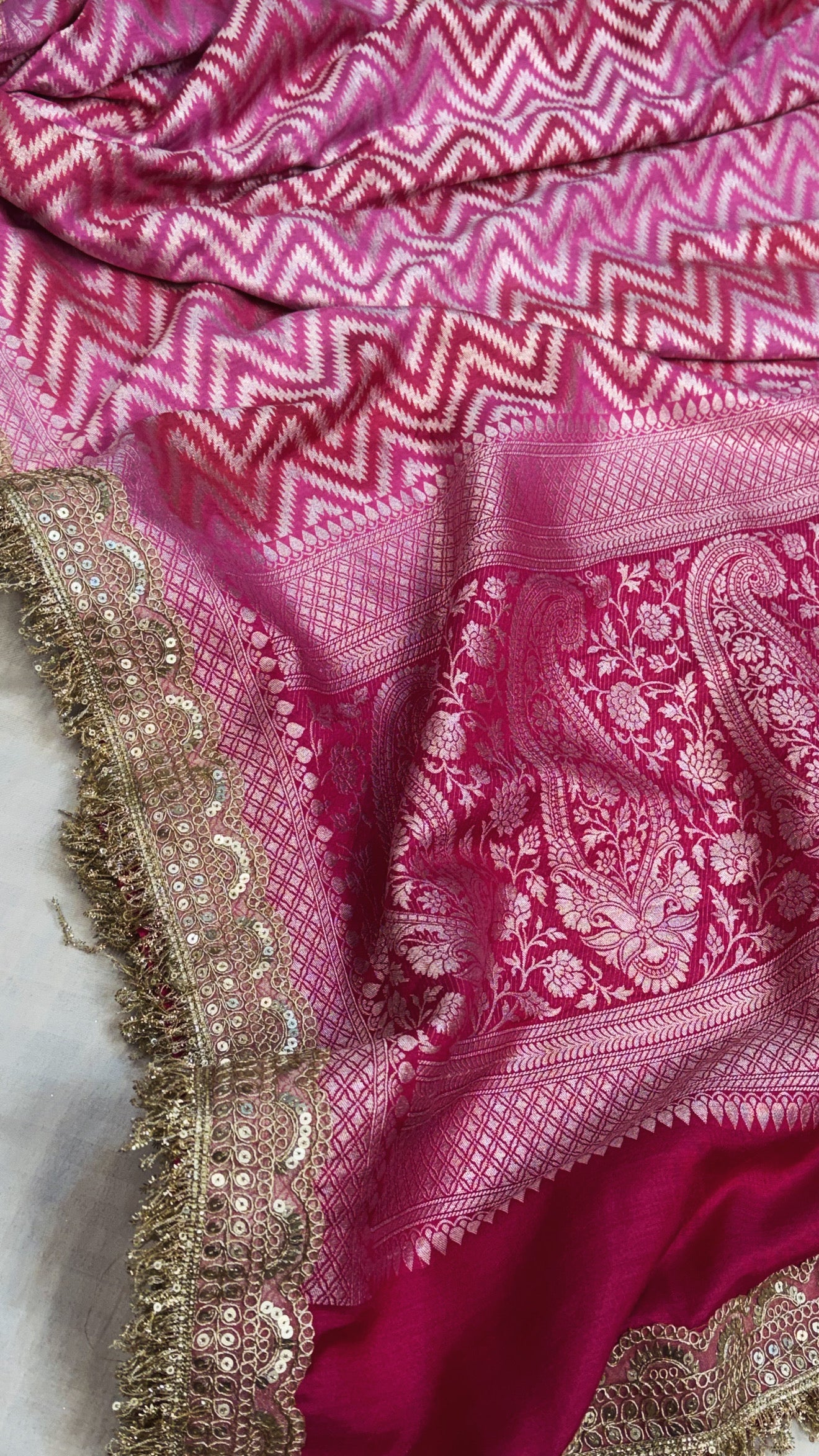 Rangaat dye hot pink moonga silk silver zari chevron weaving kadhwa saree