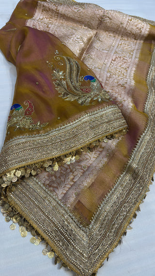 Husn dusty lilac tissue silk hand embroidered saree
