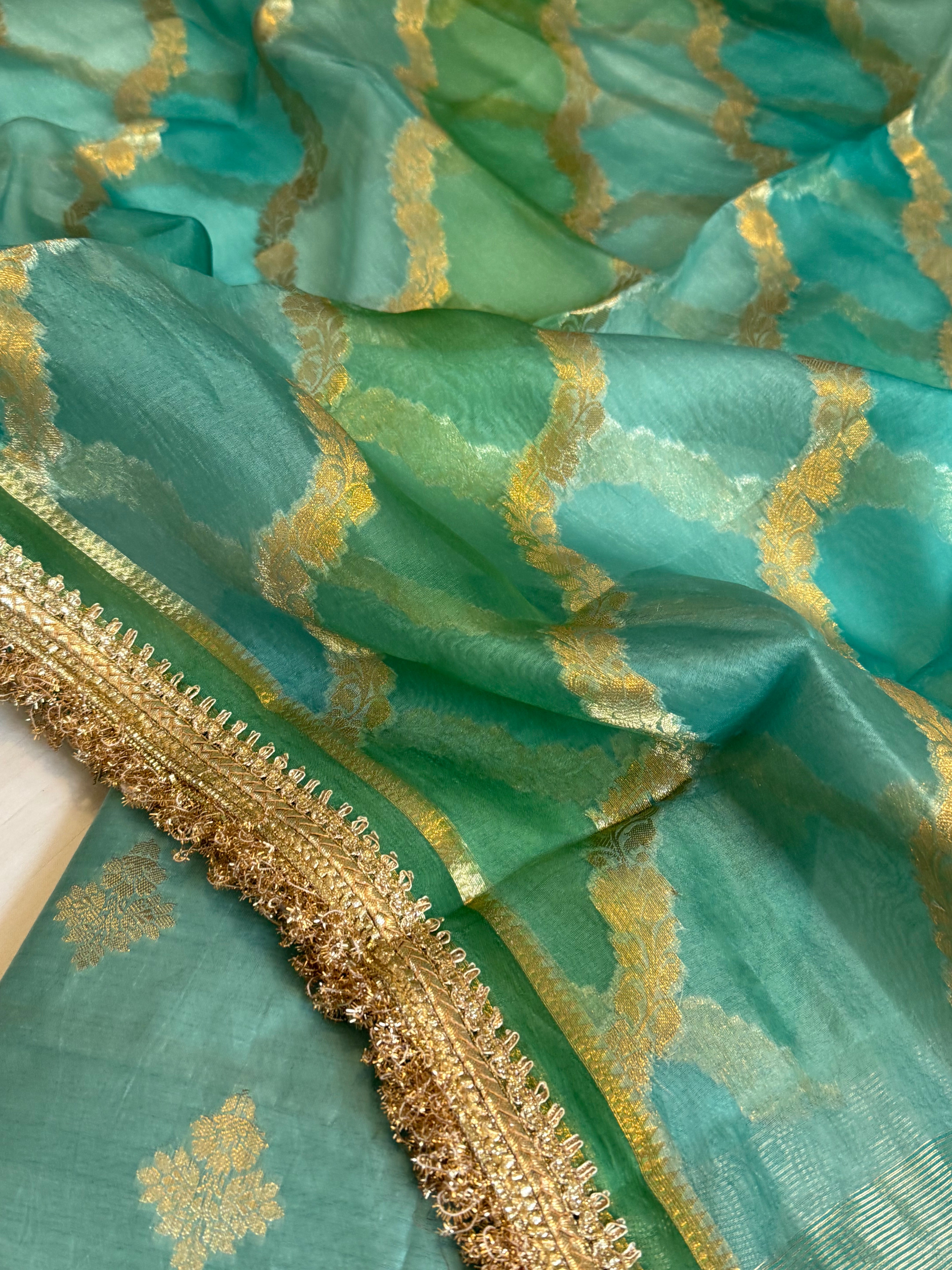 Shades of rama green - Kora silk rangkaat duppata paired with silk kurta set