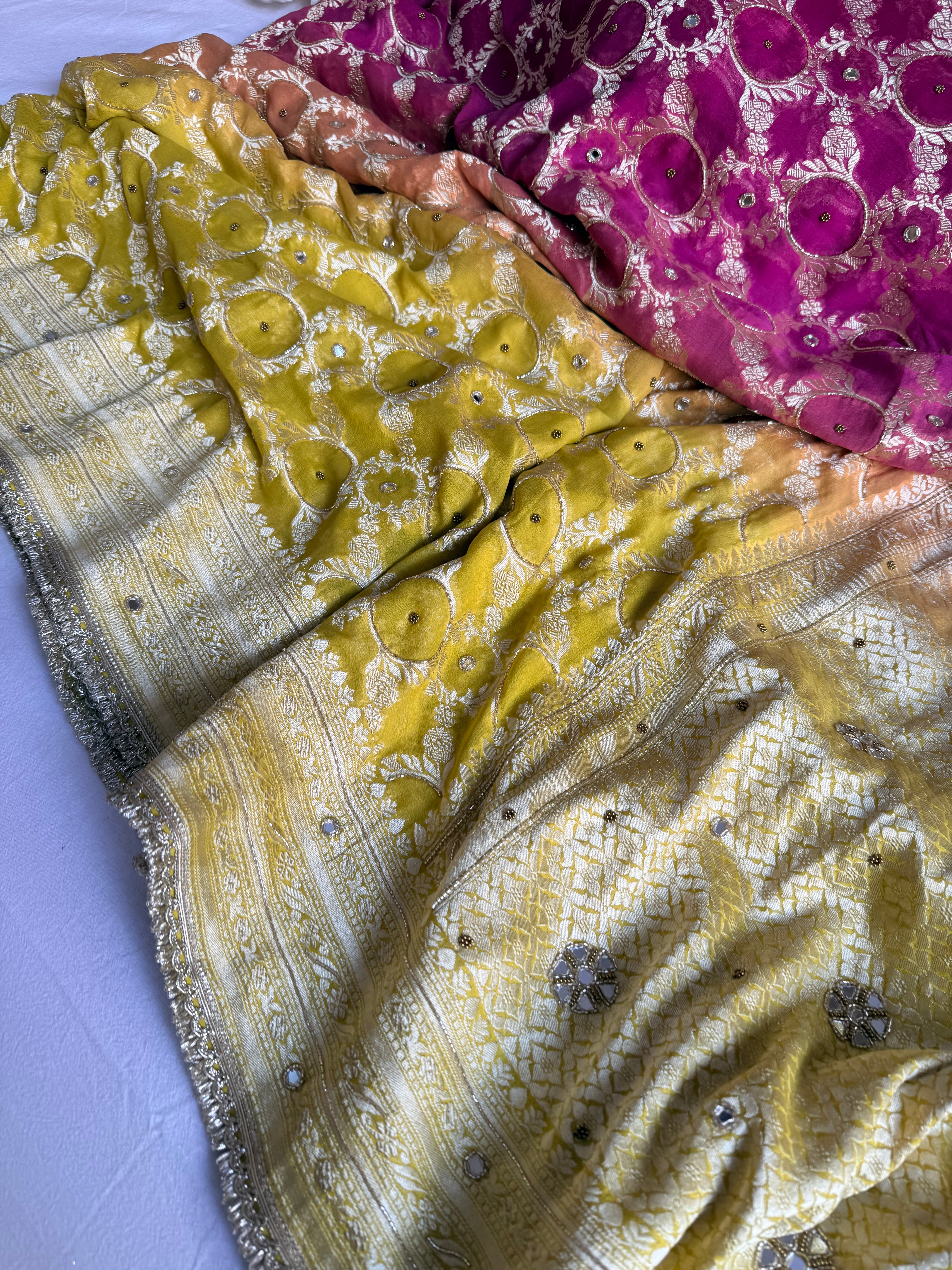 Banarasi chiffon gorgette kadhwa weaving hand embroidered saree