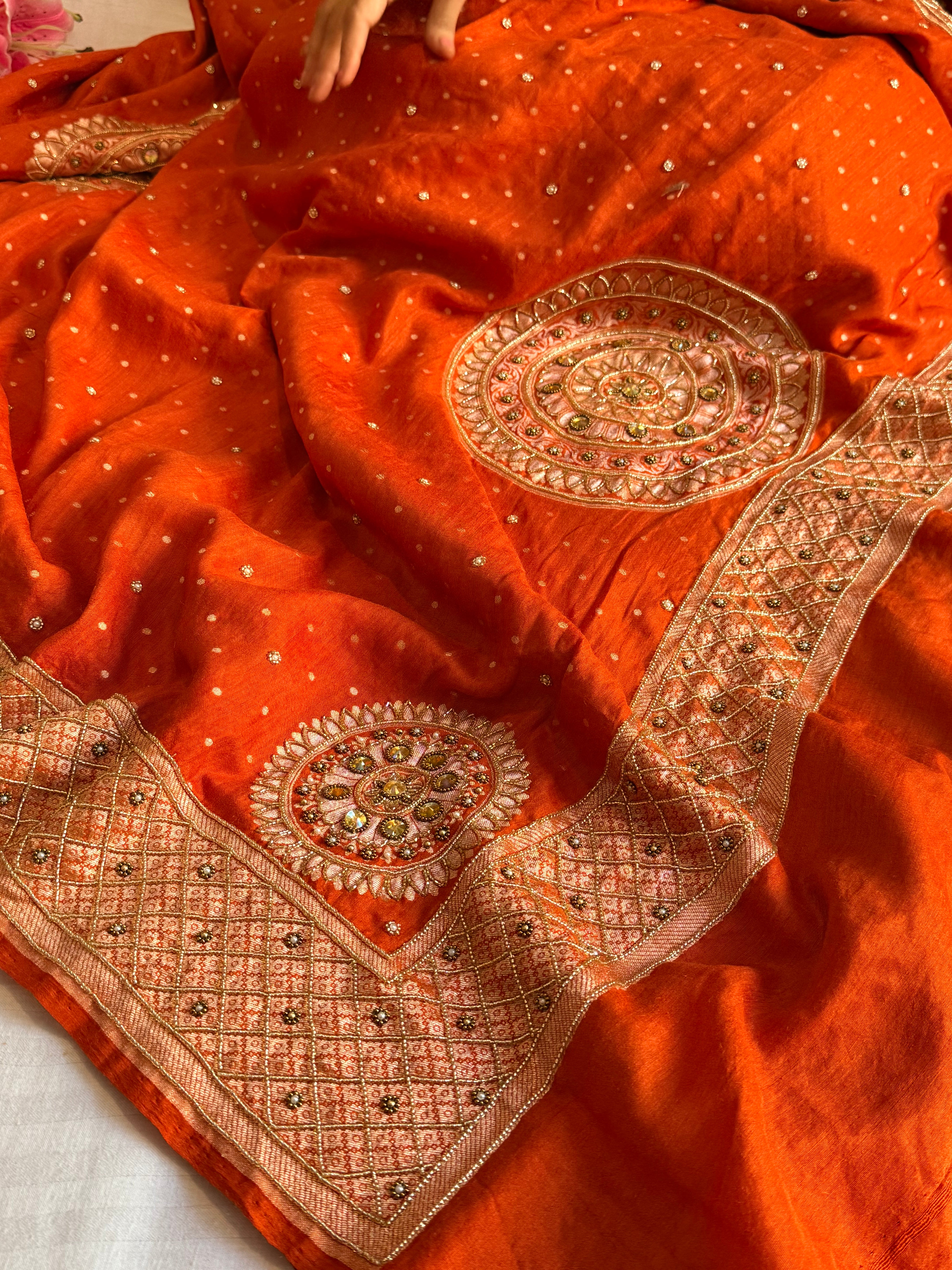 Banarasi fanta orange moonga silk hand embroidered kadhwa saree