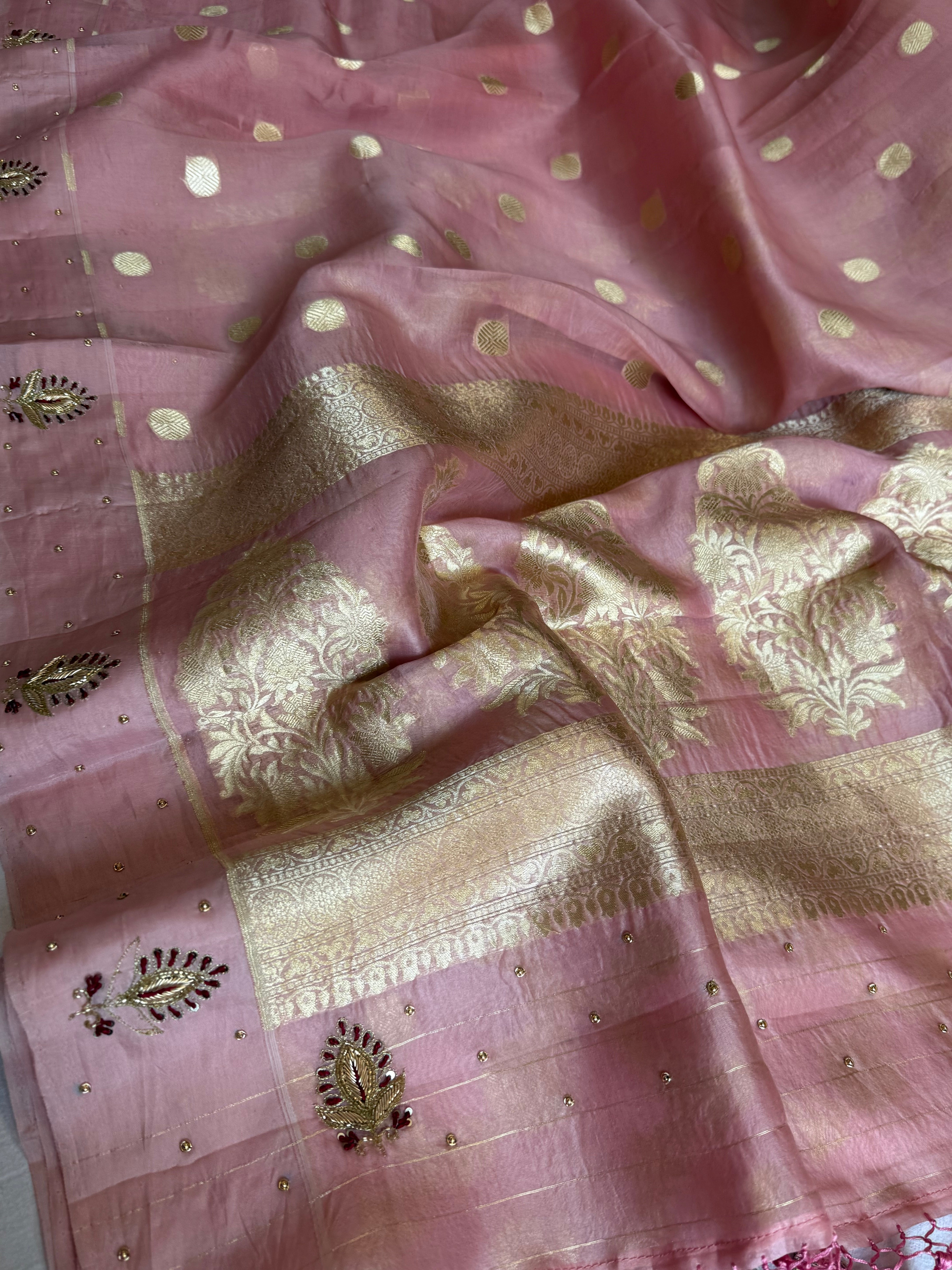 Blush pink banarasi kora silk hand embroidered kadhwa saree