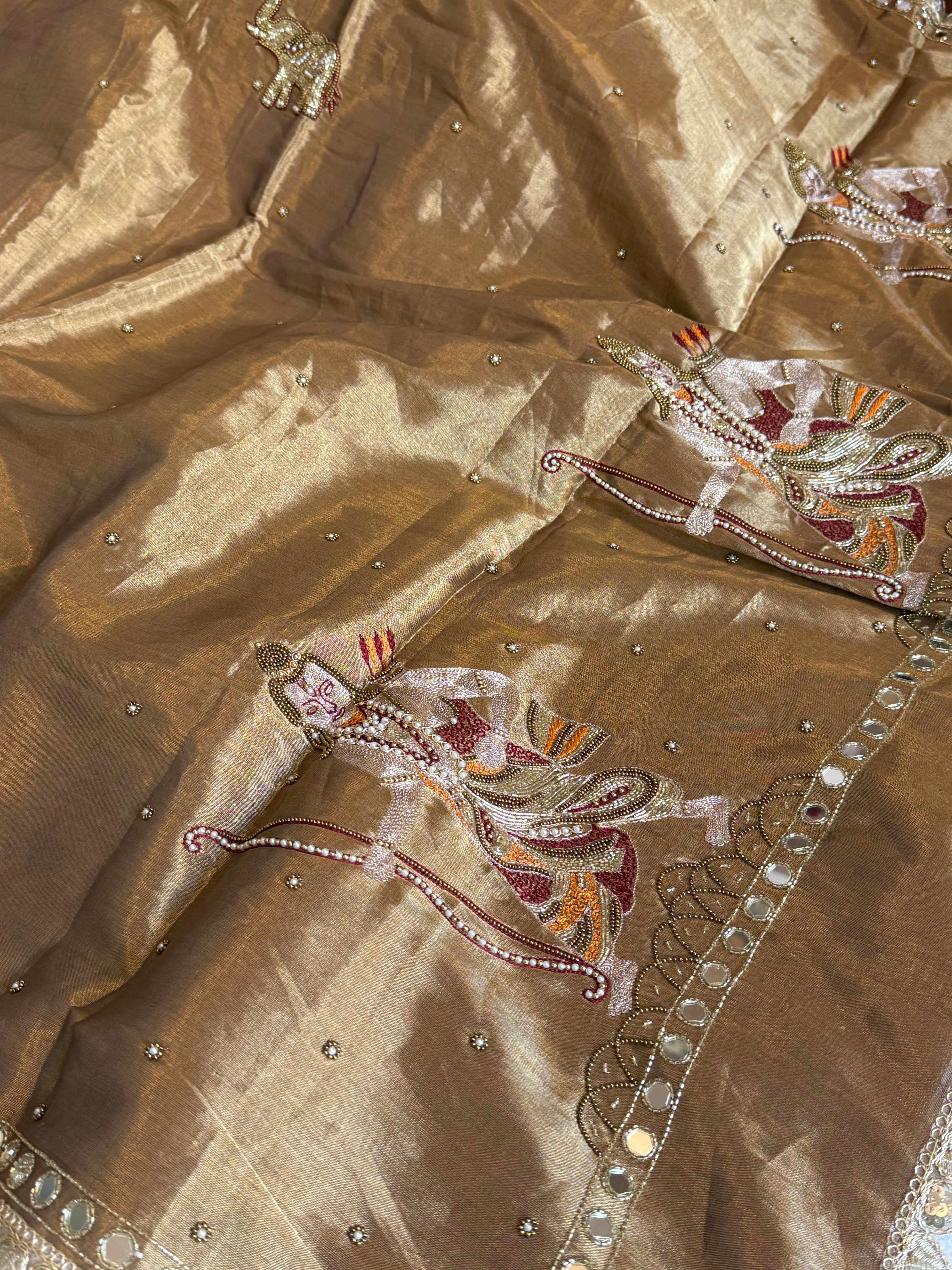 Satin tissue silk soft antique gold hand embroidered kadhwa saree