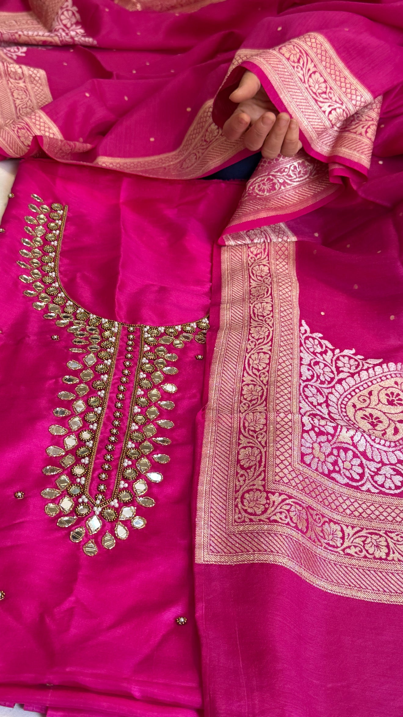 Sheesham rani pink mirror work katan silk kadhwa suit set