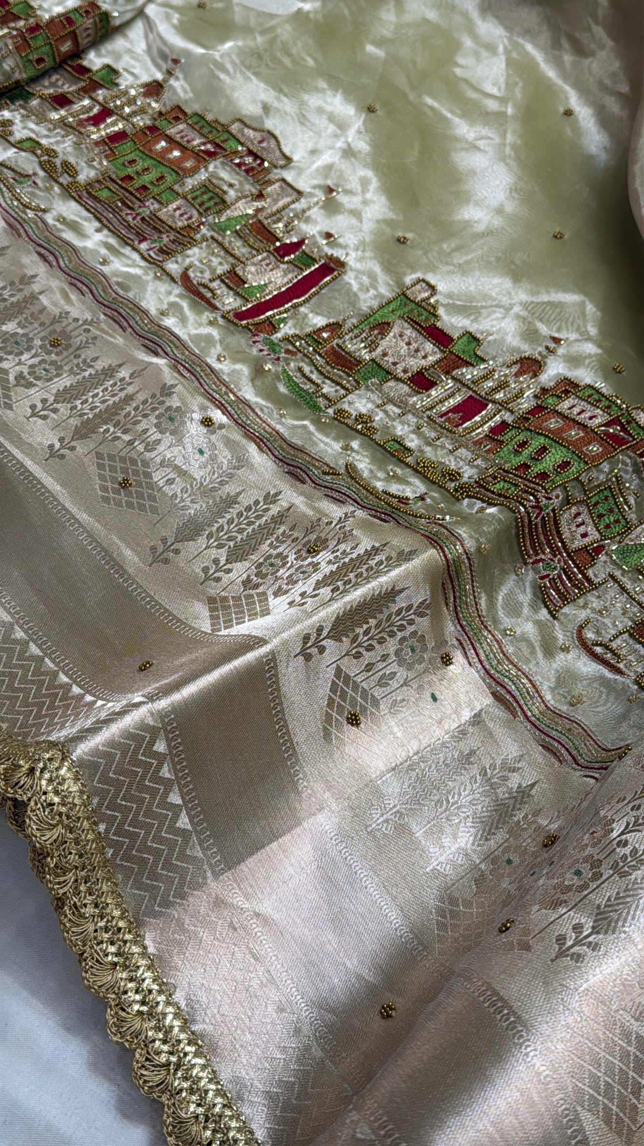 Gangaghat edit saree - Mint green tissue silk hand embroidered ghat inspired kadhwa saree