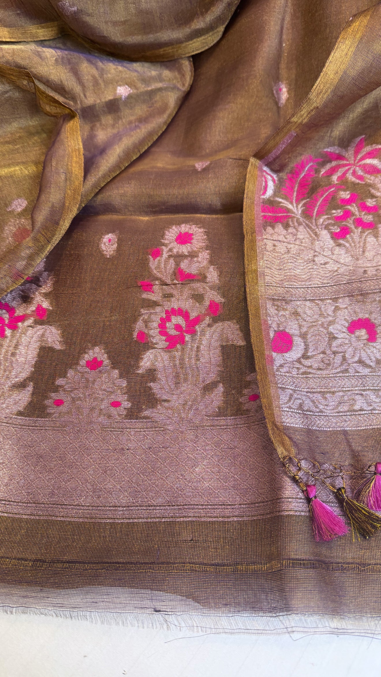 Linen tissue golden brown meenakari kadhwa suit sets