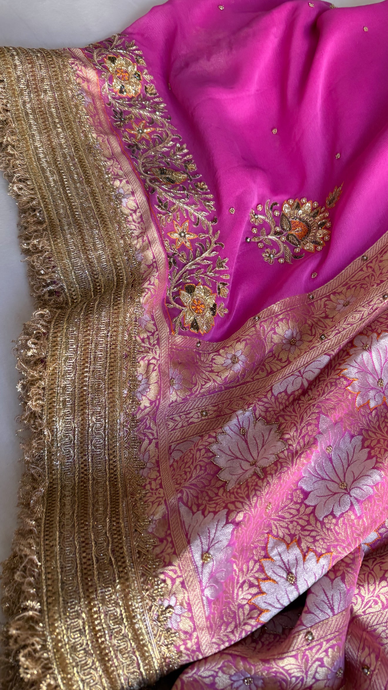 Hot pink gorgette kadhwa hand embroidered sona rupa saree