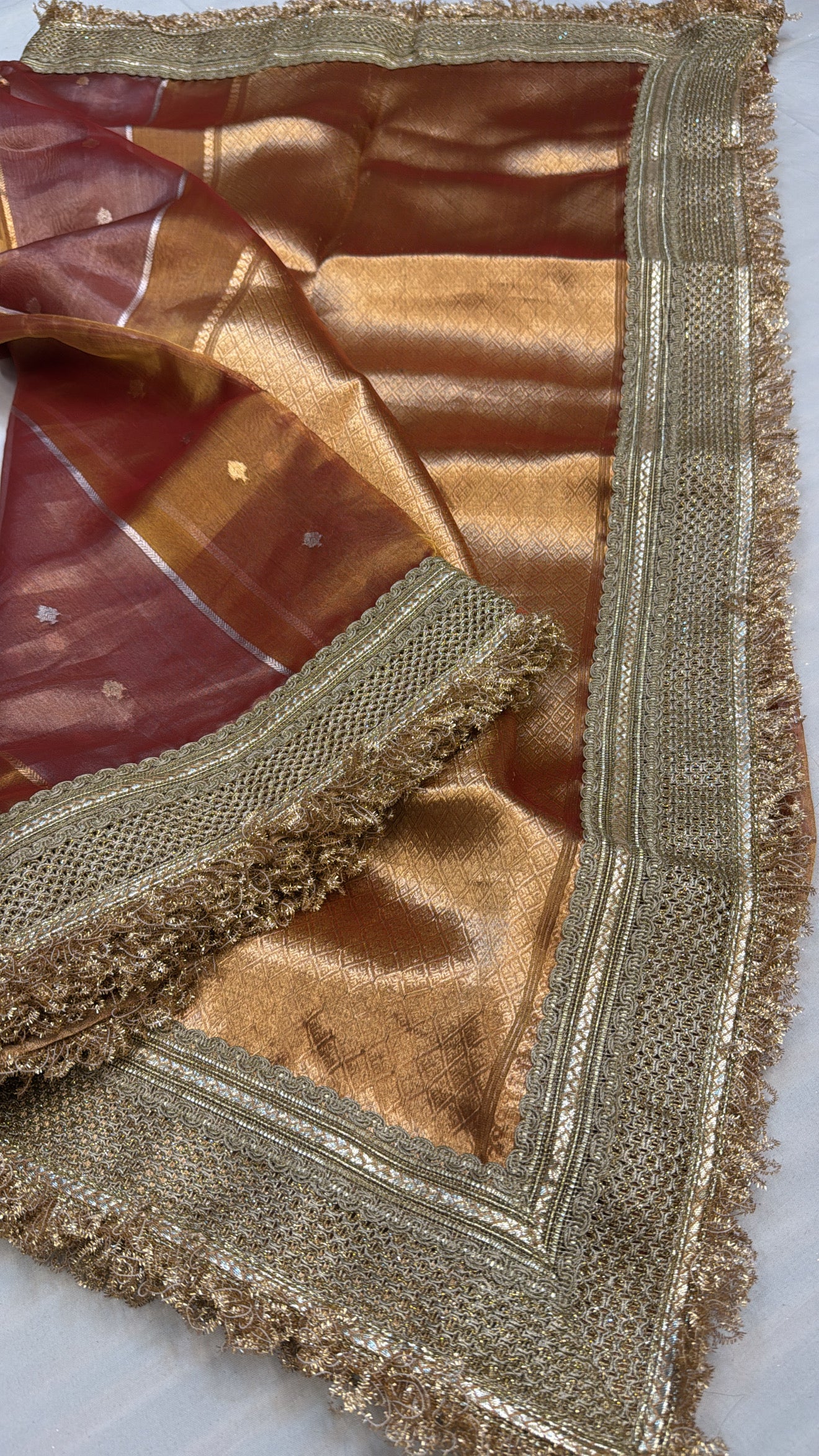 Maharani coral cranberry red tissue silk striped saree