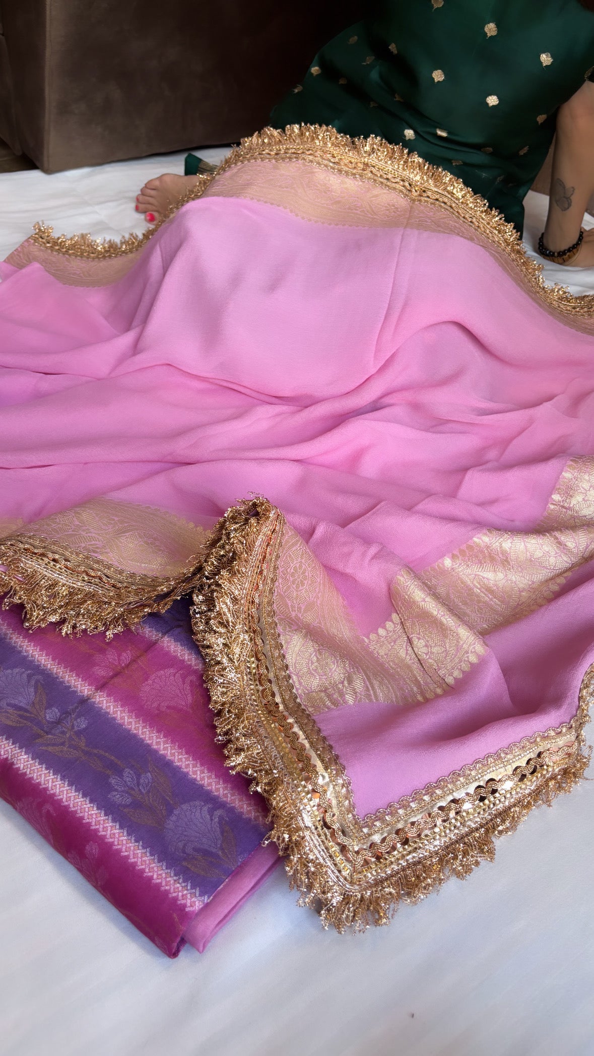 Moorni cherry pink rangkaat gorgette ombre shaded gotapatti suit sets