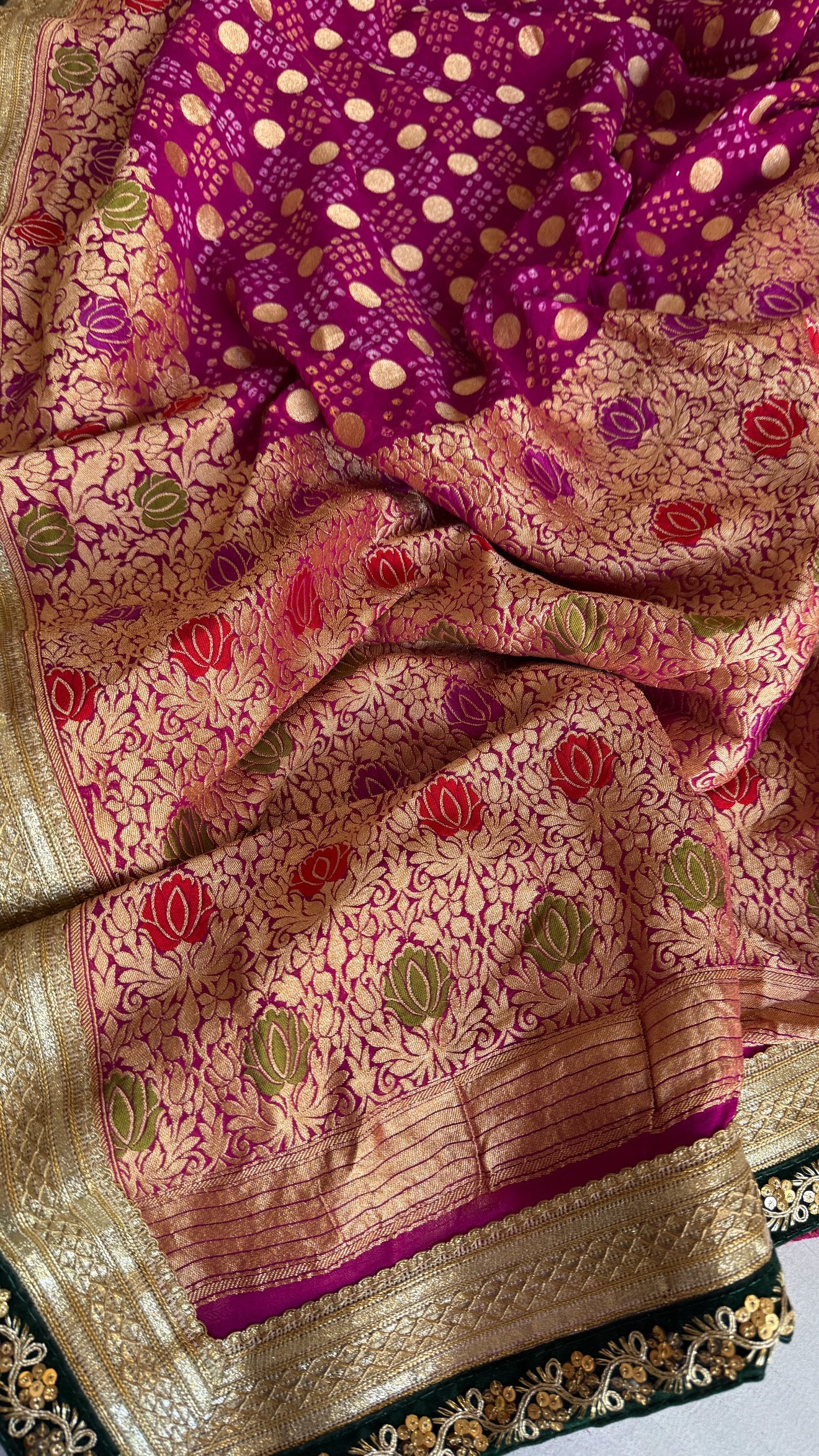 Magenta purple banarasi bandhej gorgette kadhwa meenakari saree