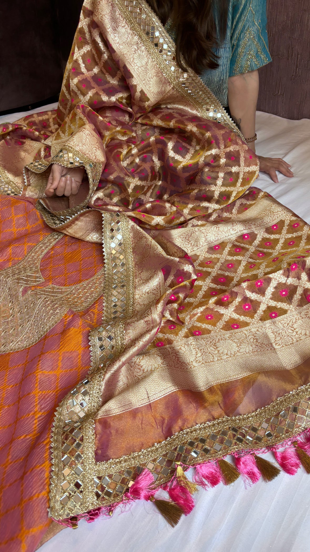 Garnet pink heeramandi mirror work crushed tissue silk suit set