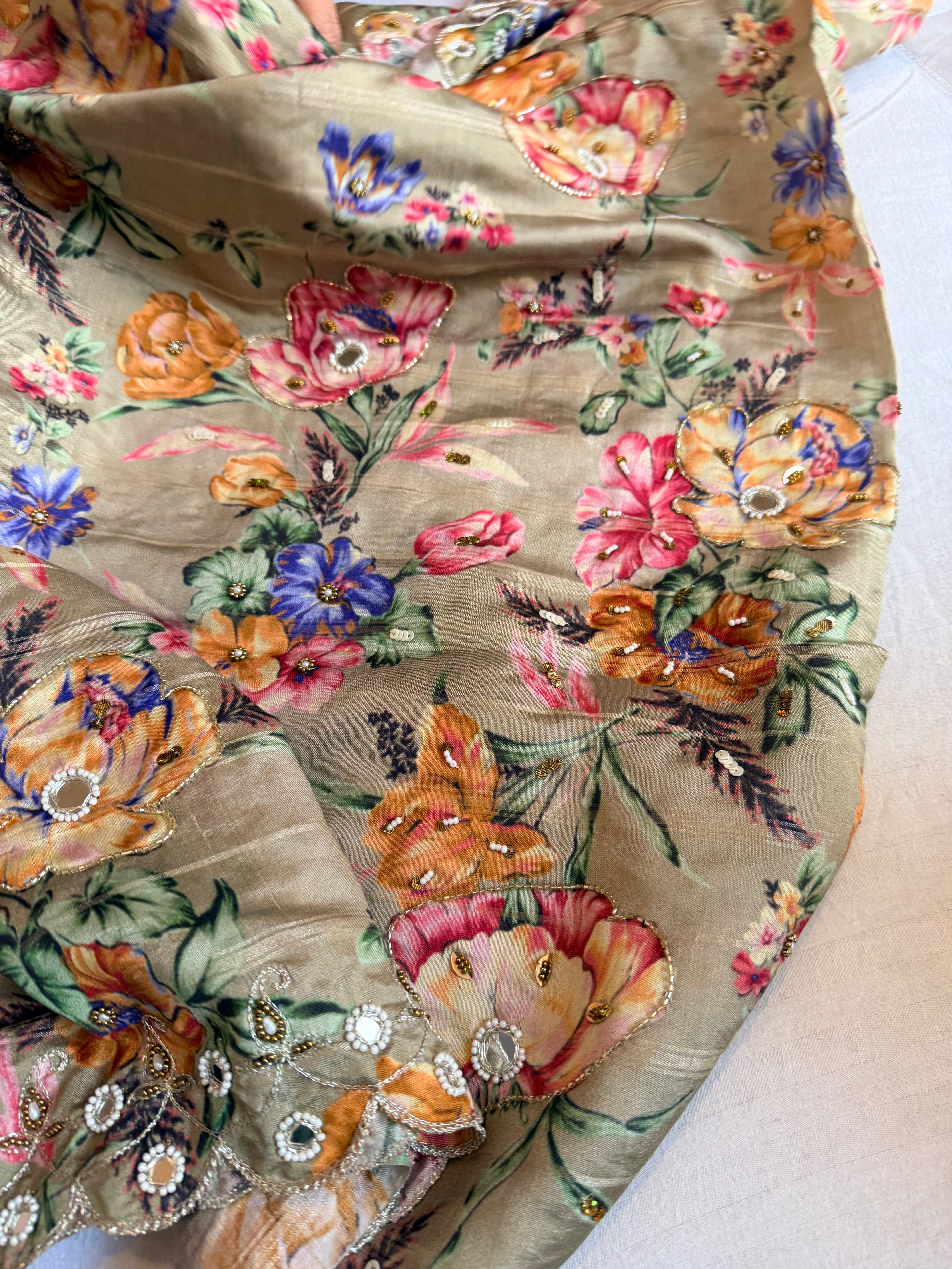 Printed moonga silk hand embroidered kadhwa gotapatti saree