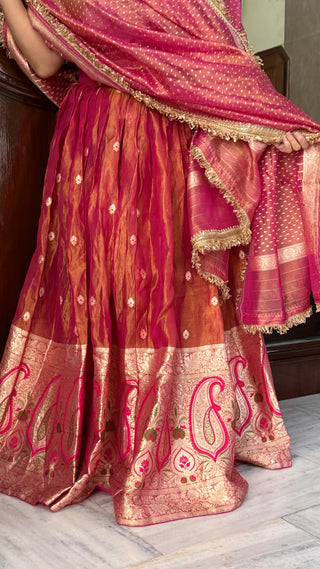 “Kali wala lehenga” — Rani pink semi stitched pure banarasi tissue silk lehenga set