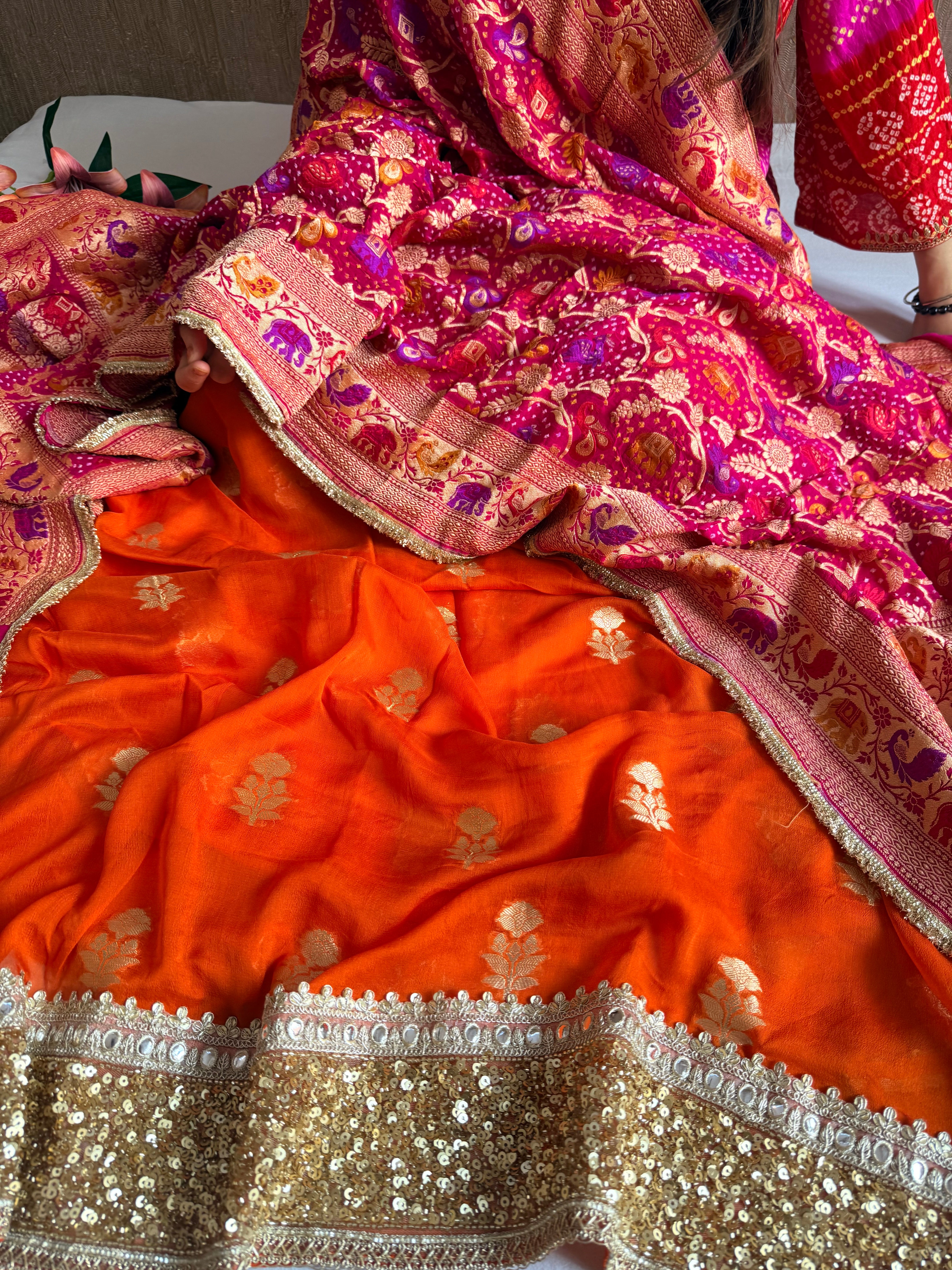 Rai bandhej chiffon gorgette sequin work hand embroidered suit set