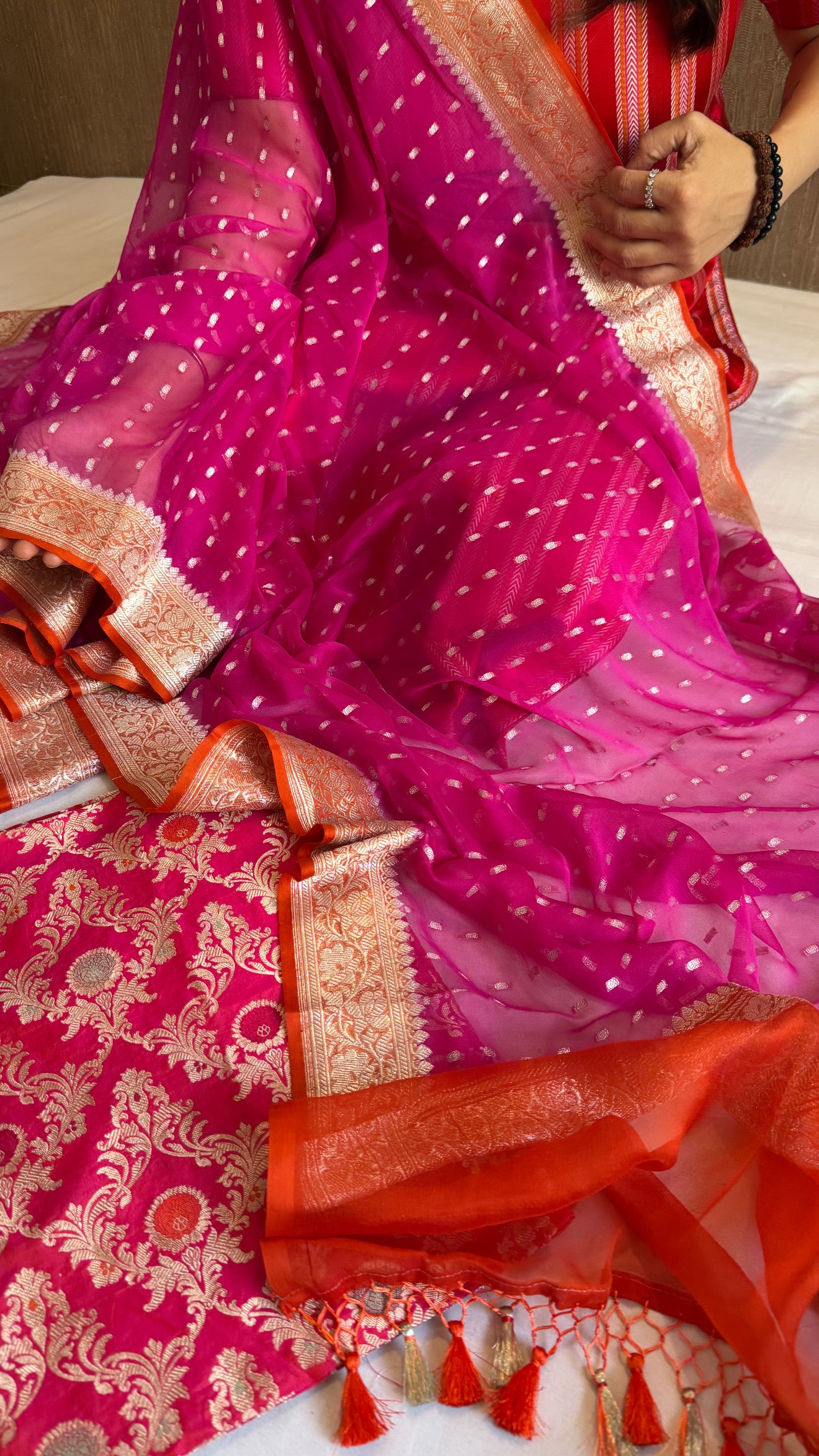 Rani pink - Fanta orange katan silk kadhwa jaal kurta paired with chiffon gorgette chap dye duppata set