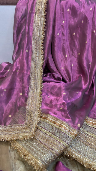 Mastani Metallic rose pink tissue silk kadhwa buti lehenga