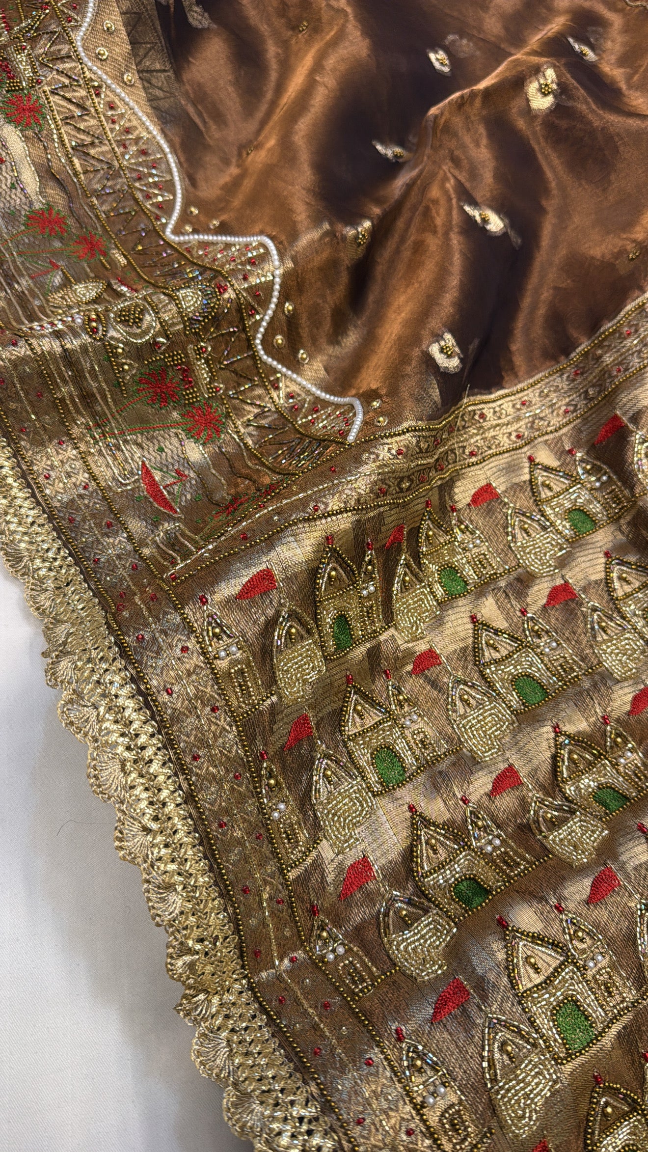 Gangakinare chocolate brown hand embroidered edit tissue silk saree