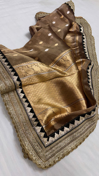 Maharani kanjivaram chocolate brown tissue silk kadhwa buti saree