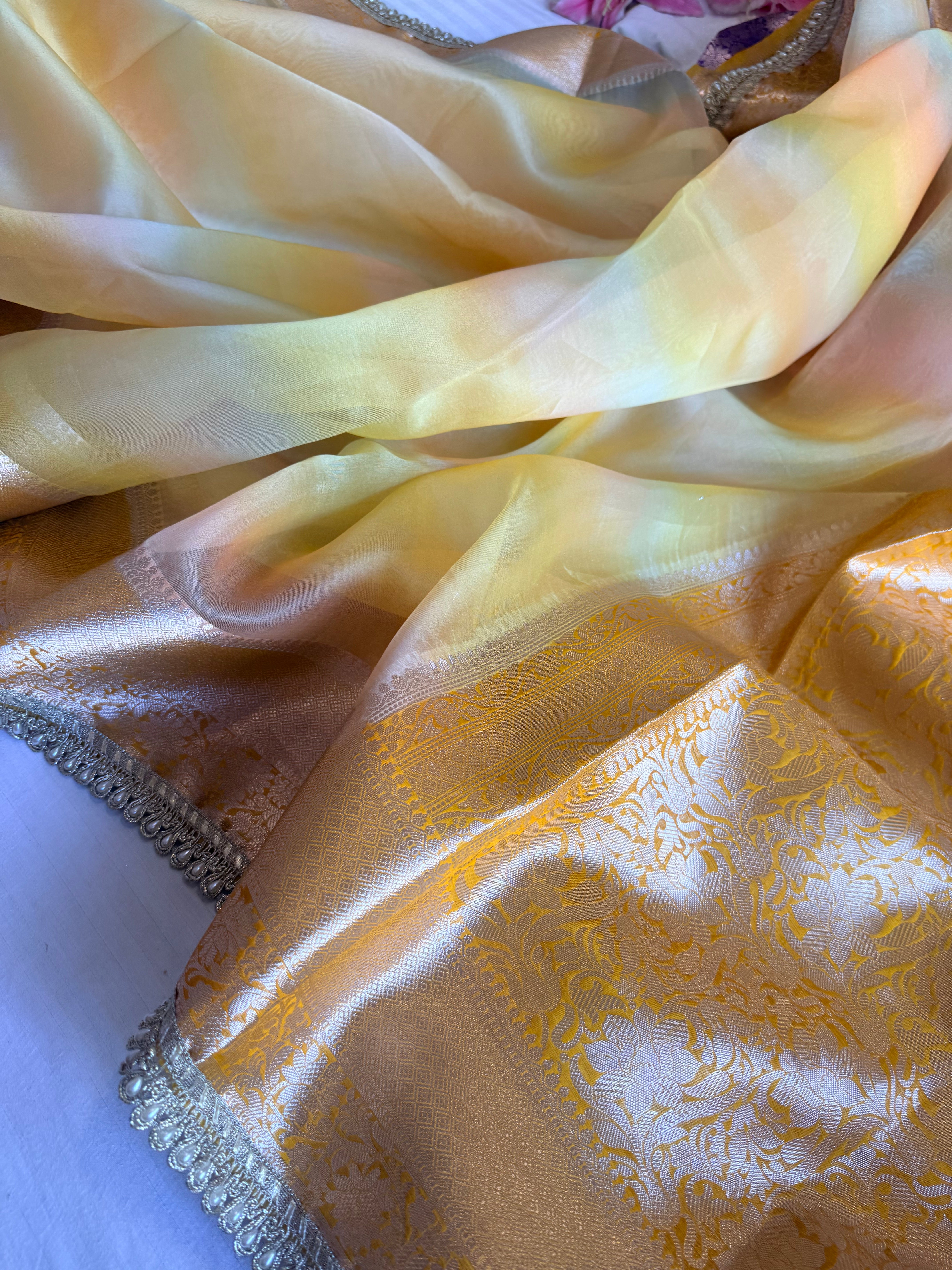 Banarasi kora silk rainbow dyed kadhwa saree with gotapatti work
