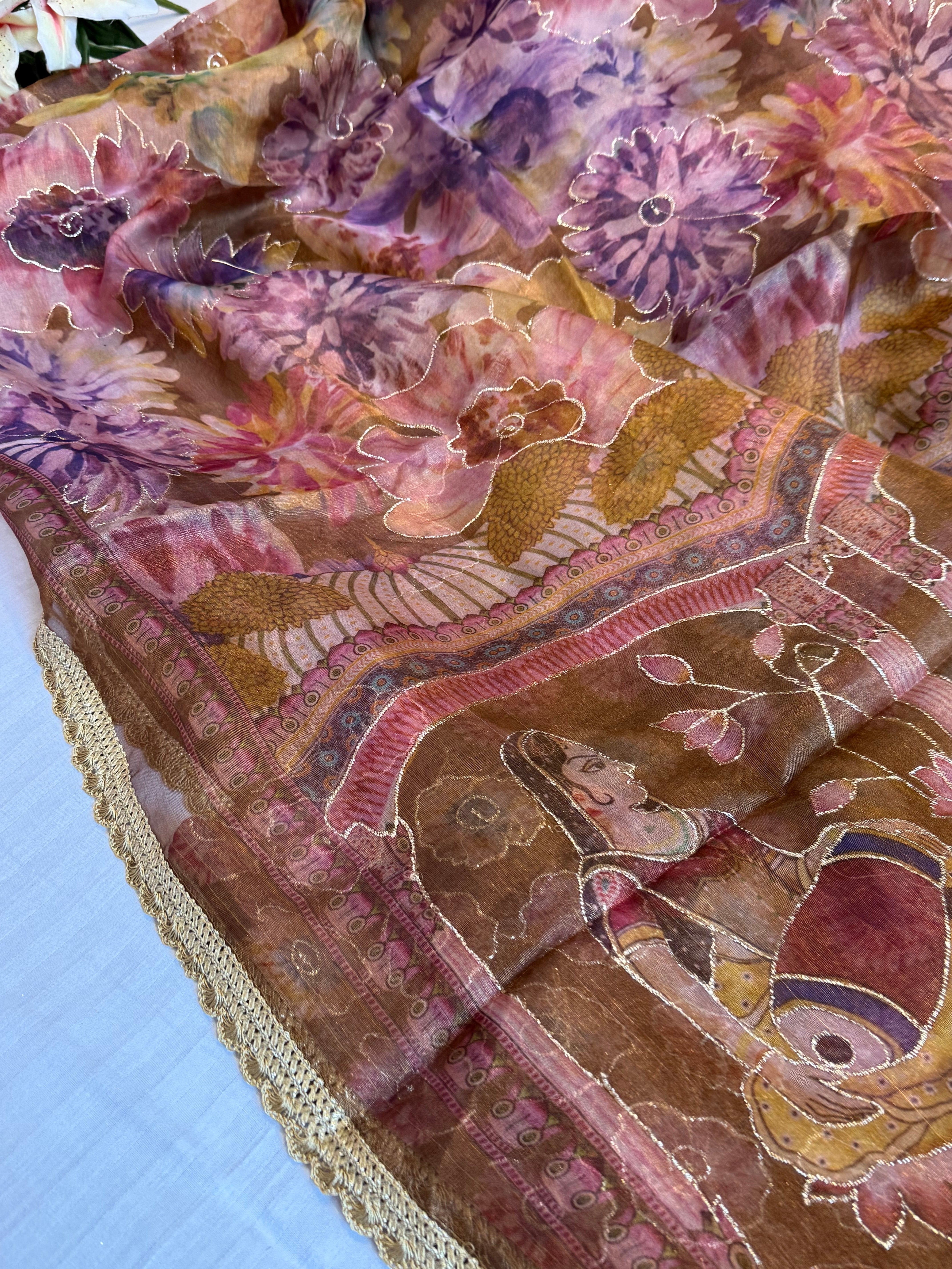 Printed banarasi tissue silk hand embroidered kadhwa saree