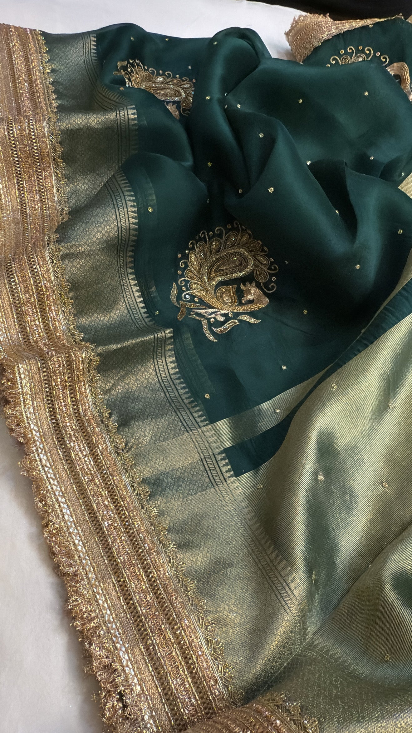 Forest green kora silk kadhwa hand embroidered gotapatti saree