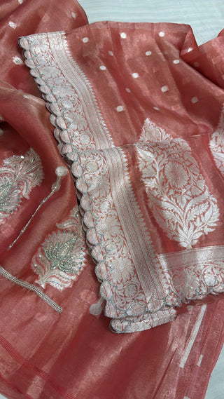 Shagun ke suits - Onion peach tissue silk silver zari hand embroidered suit sets