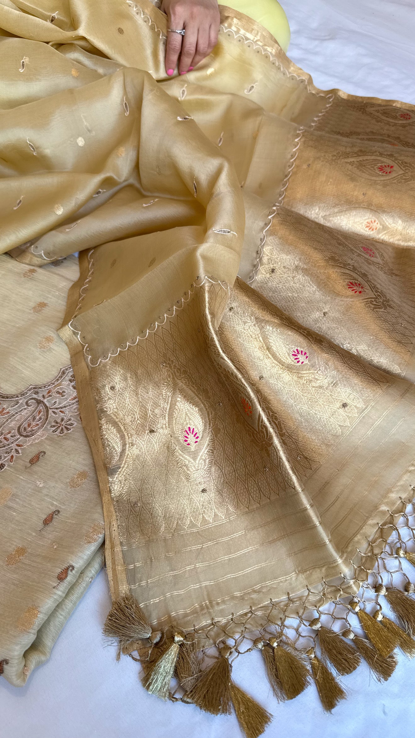 Soft gold resham hand embroidered linen gorgette kurta paired with kora silk duppata