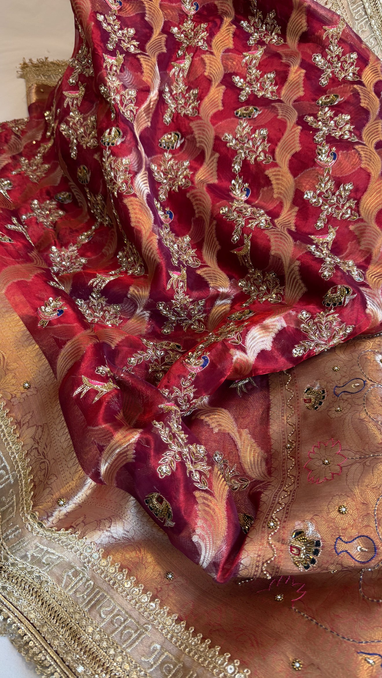 Nayi suhagan edit - Dhup chao blood red tissue silk shikargah zardozi and marodi work hand embroidered jaal work saree