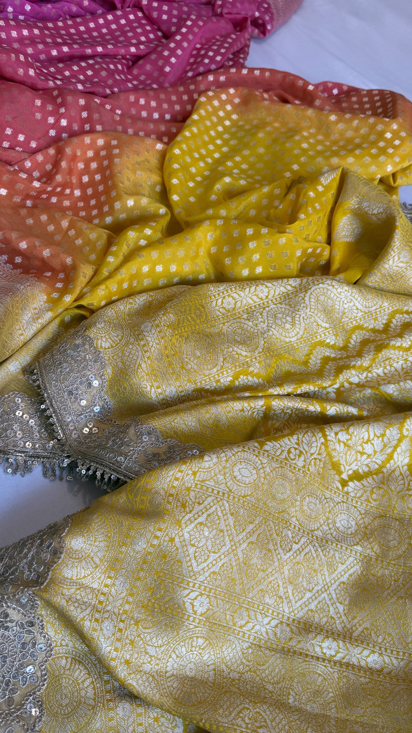 Moonga silk ombre shaded chunri buti kadhwa gotapatti saree