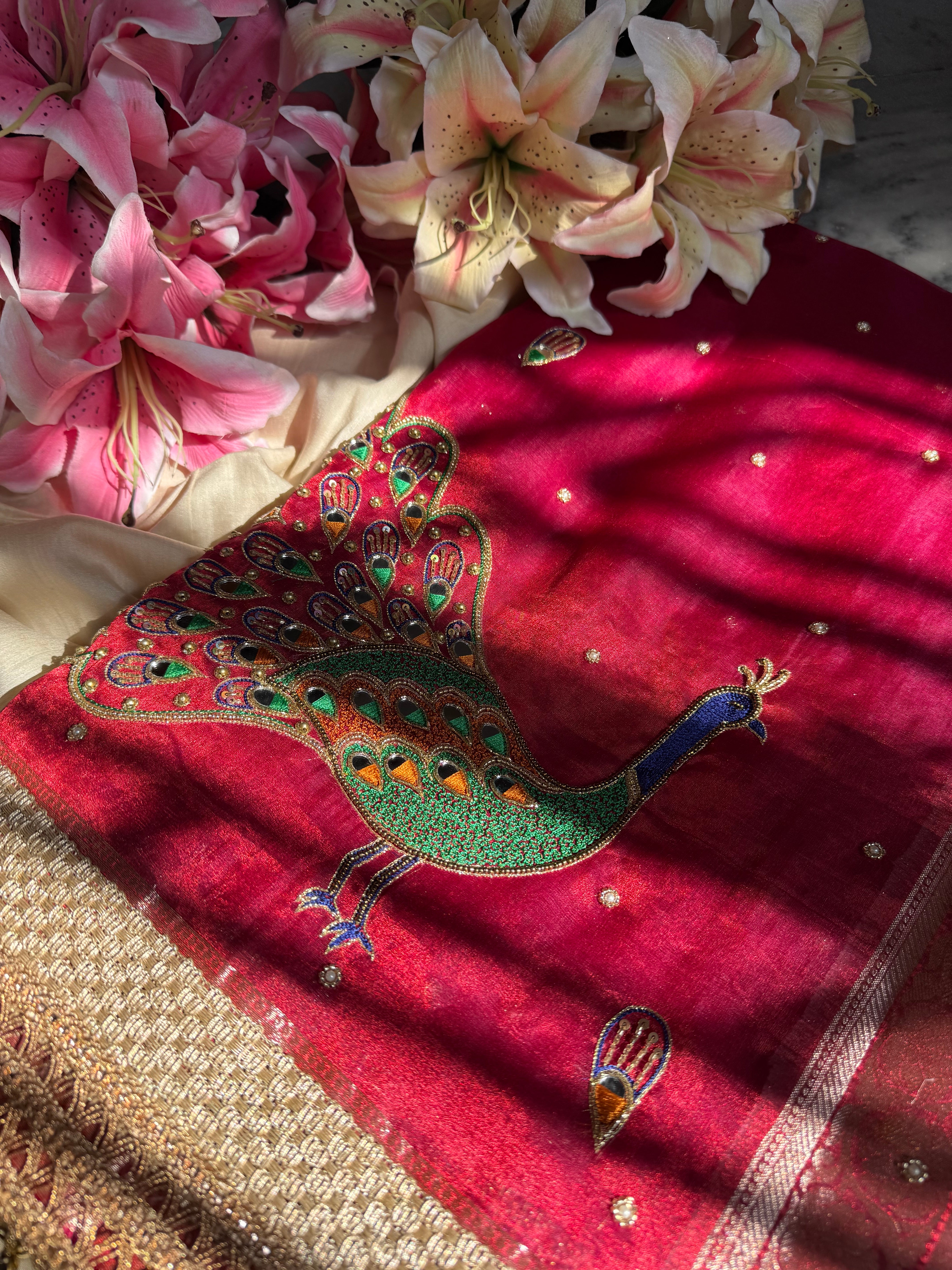 Vidai ka din - Husn cranberry pink heavy meenakari peacock work tissue silk saree